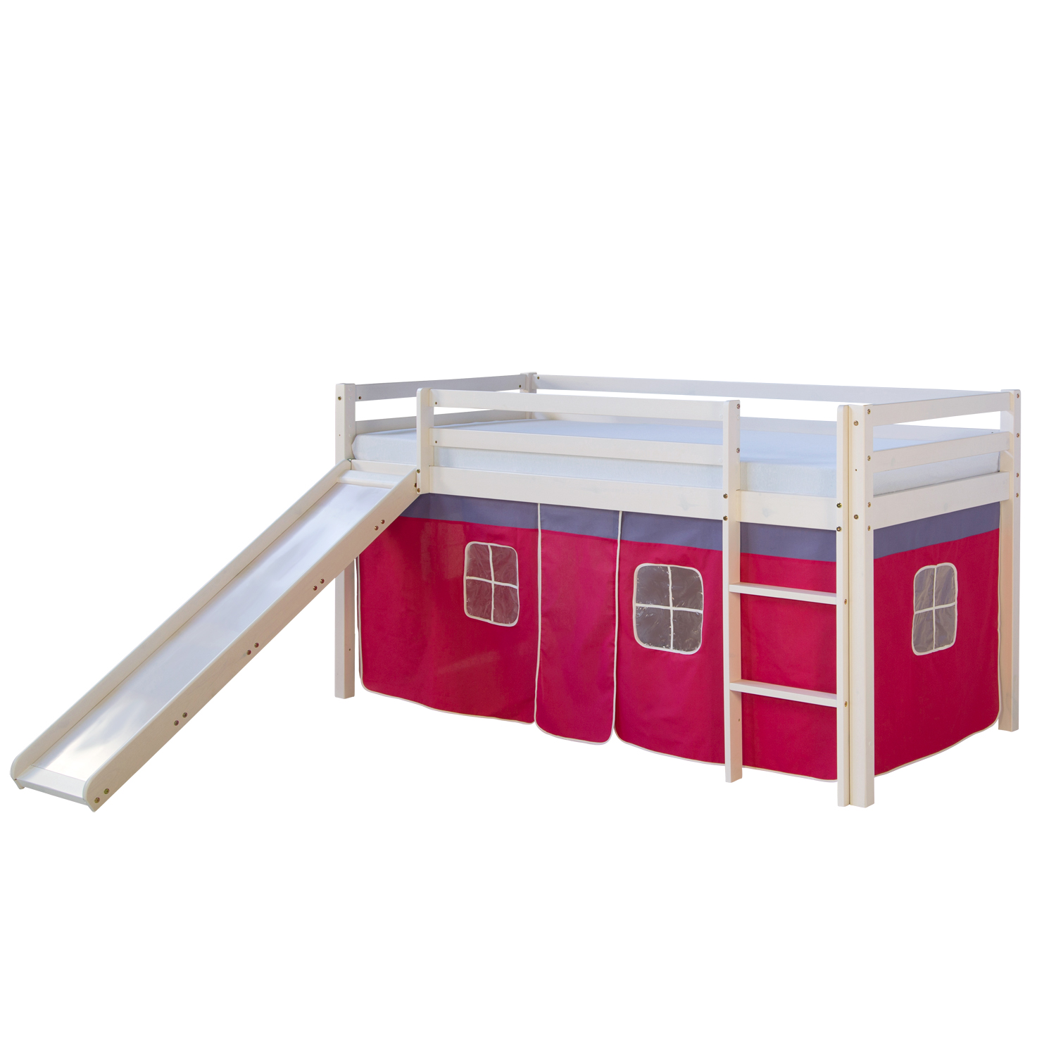 Loftbed 90x200 cm with Slide Mattress Bunk bed Childrens bed Solid Pine Wood Slats Curtain Pink