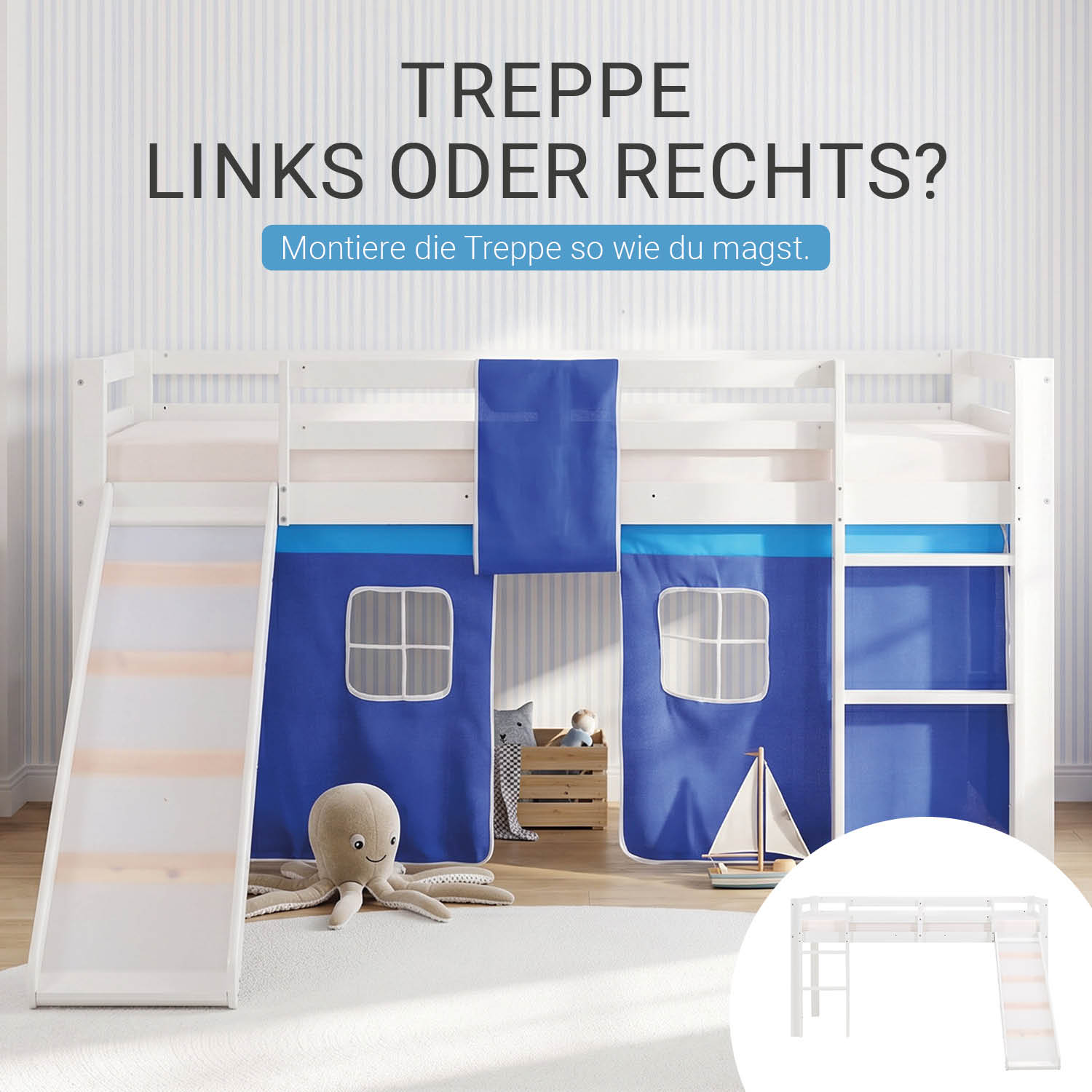 Children's Loft Bed 90x200 cm White with Blue Curtain | Slide | Without Slatted Base | For Boys