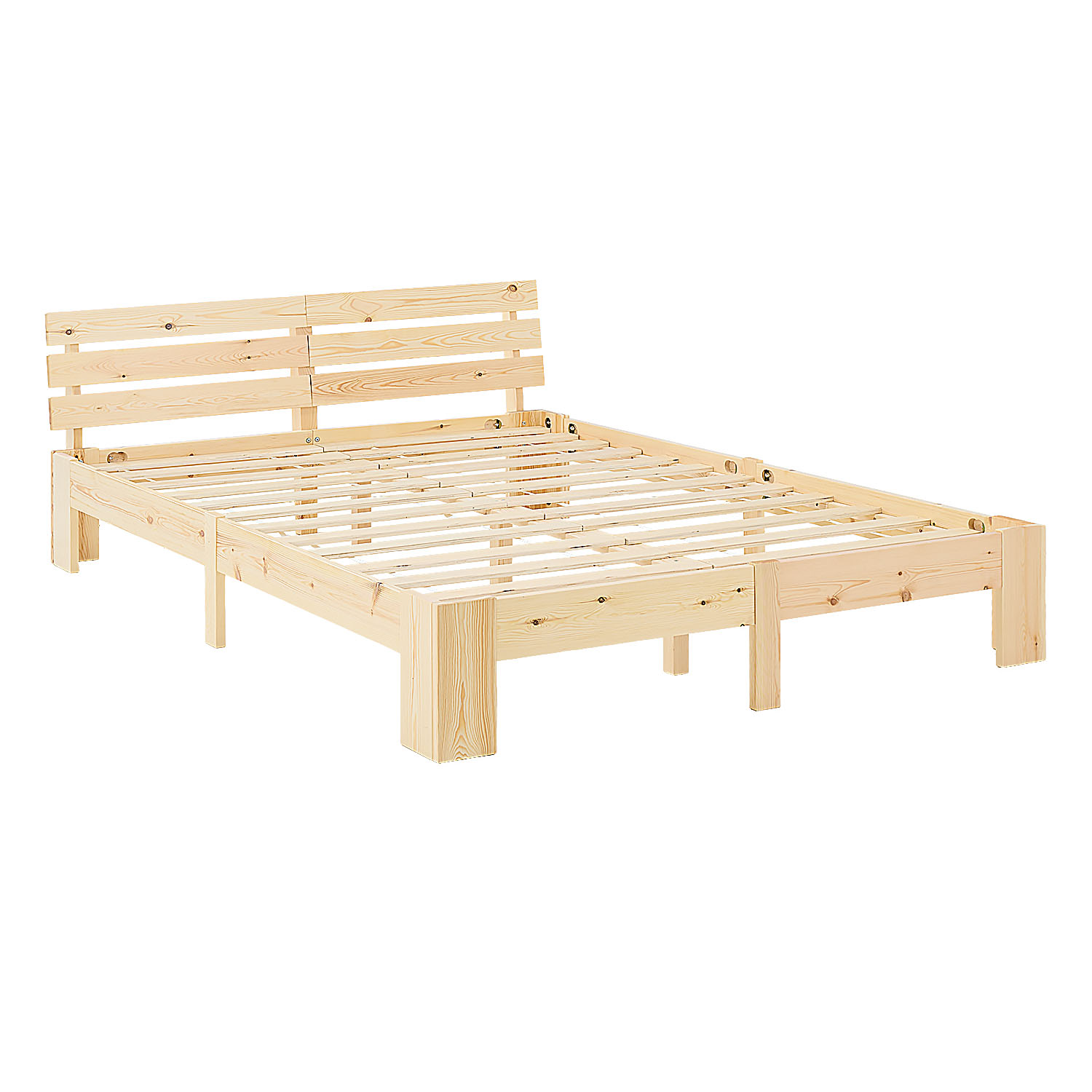 Wood Bed 160x200 cm Natural | Double Bed | with 2 Mattress | Solid | Kids Youth Guest Bedroom