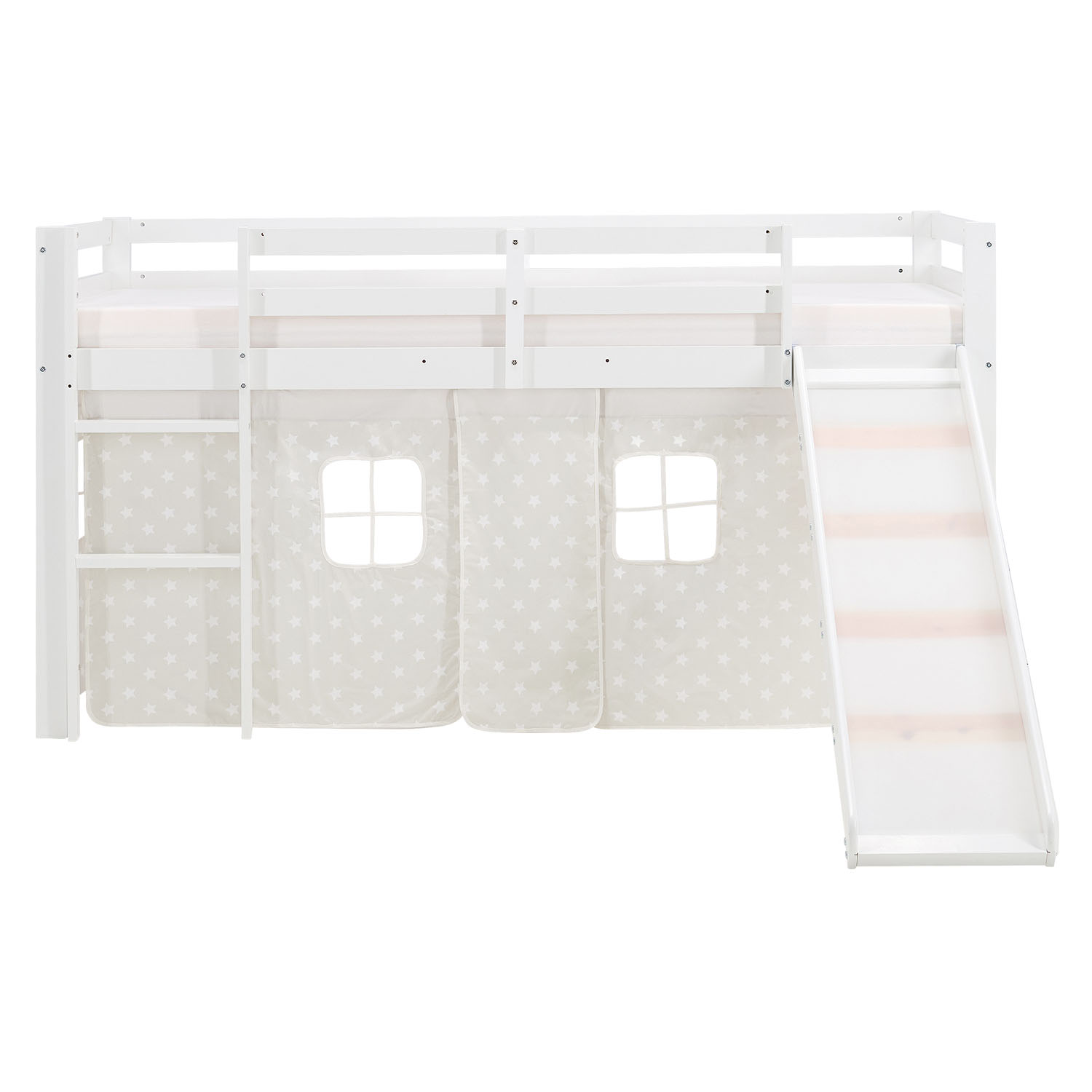Children's Loft Bed 90x200 cm White with Star Curtain | Slide | With Slatted Base | With Mattress