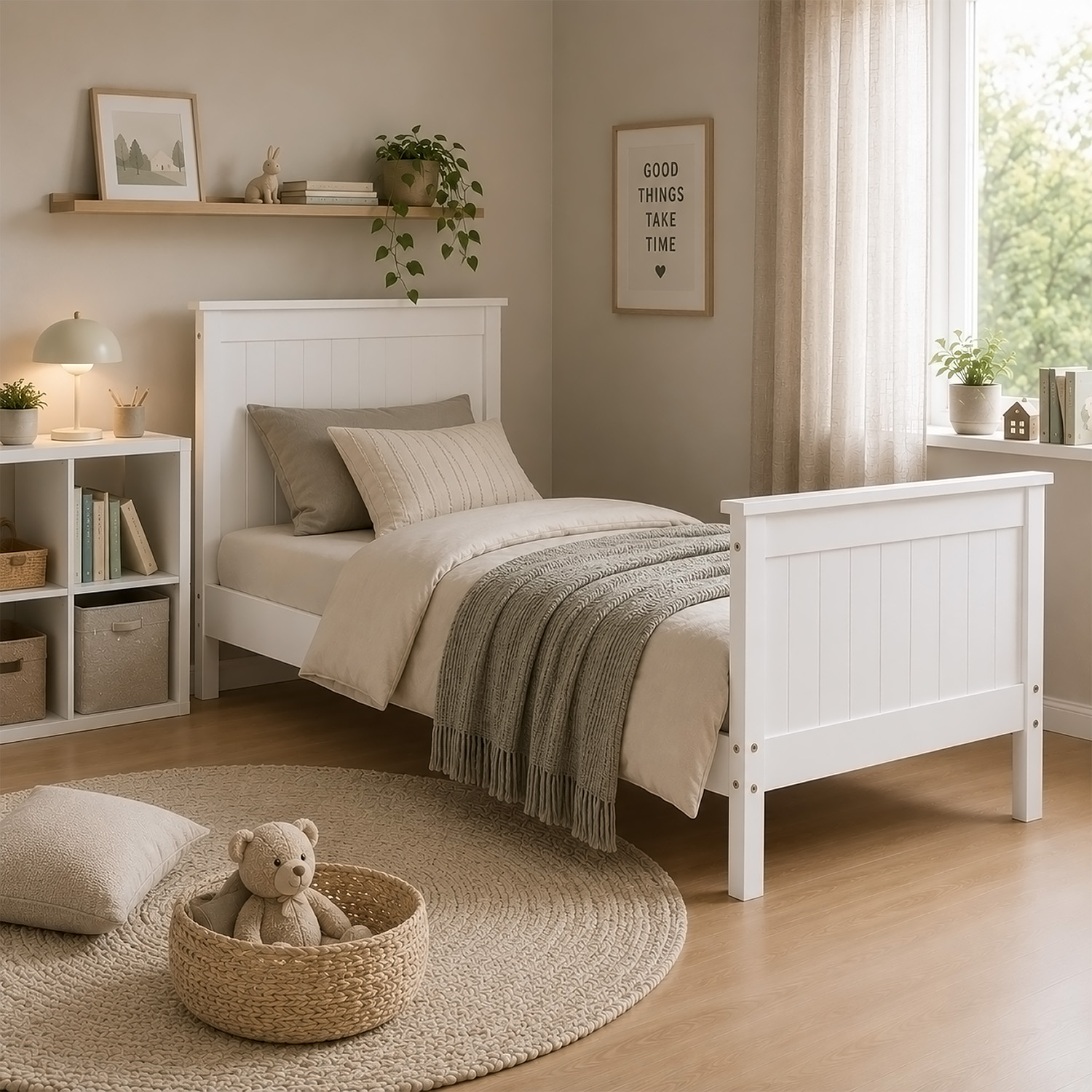 Wooden Bed 90x200 cm White | Single Bed | With Slatted Base | Country Style | Children's, Teen, or Guest Bedroom