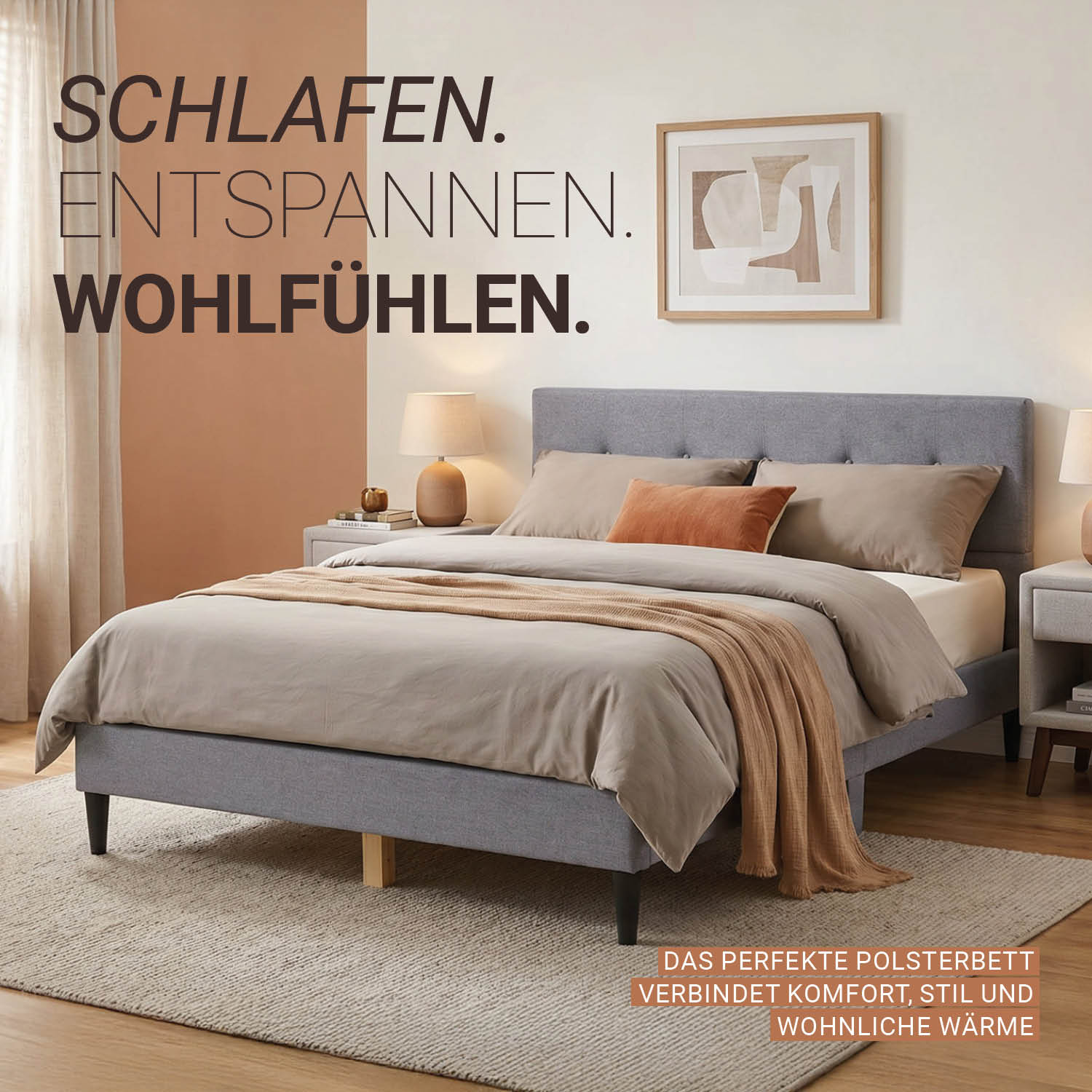 Upholstered bed 160x200 cm grey | with slatted frame | double fabric bed frame