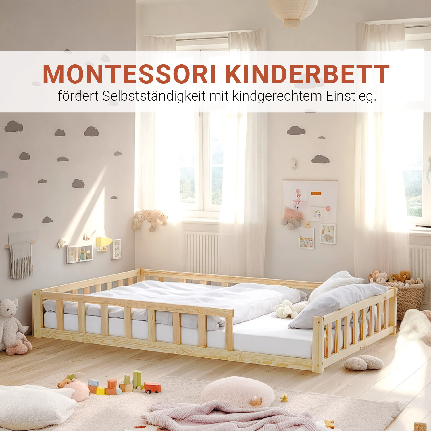 Children's Bed 120x200 Natural | Floor Bed with Mattress & Slatted Frame | with Fall Protection | Montessori