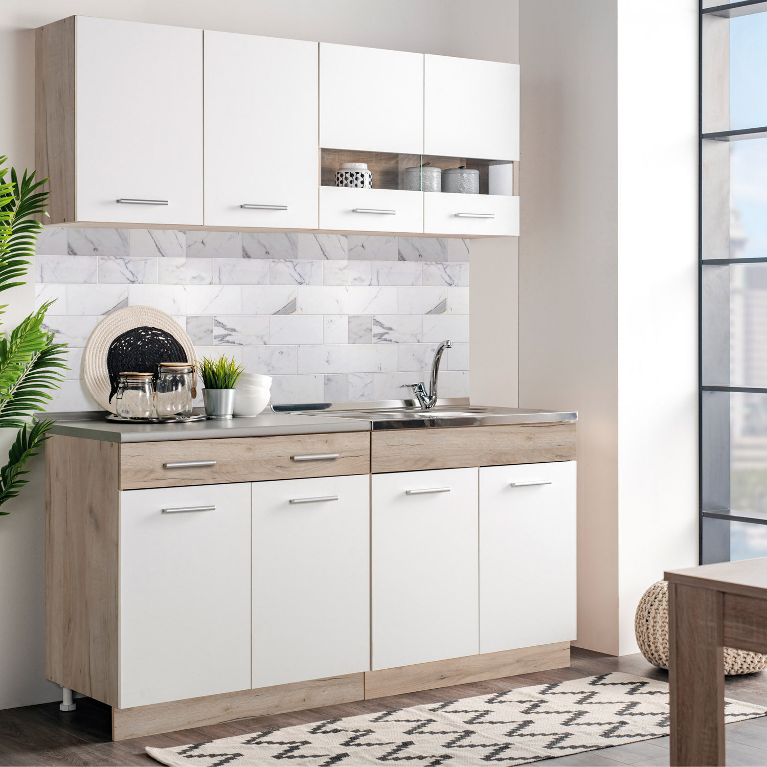 80 cm Kitchen Unit White & Oak – Mini Kitchen with Cabinet Elements, Without Sink and Appliances