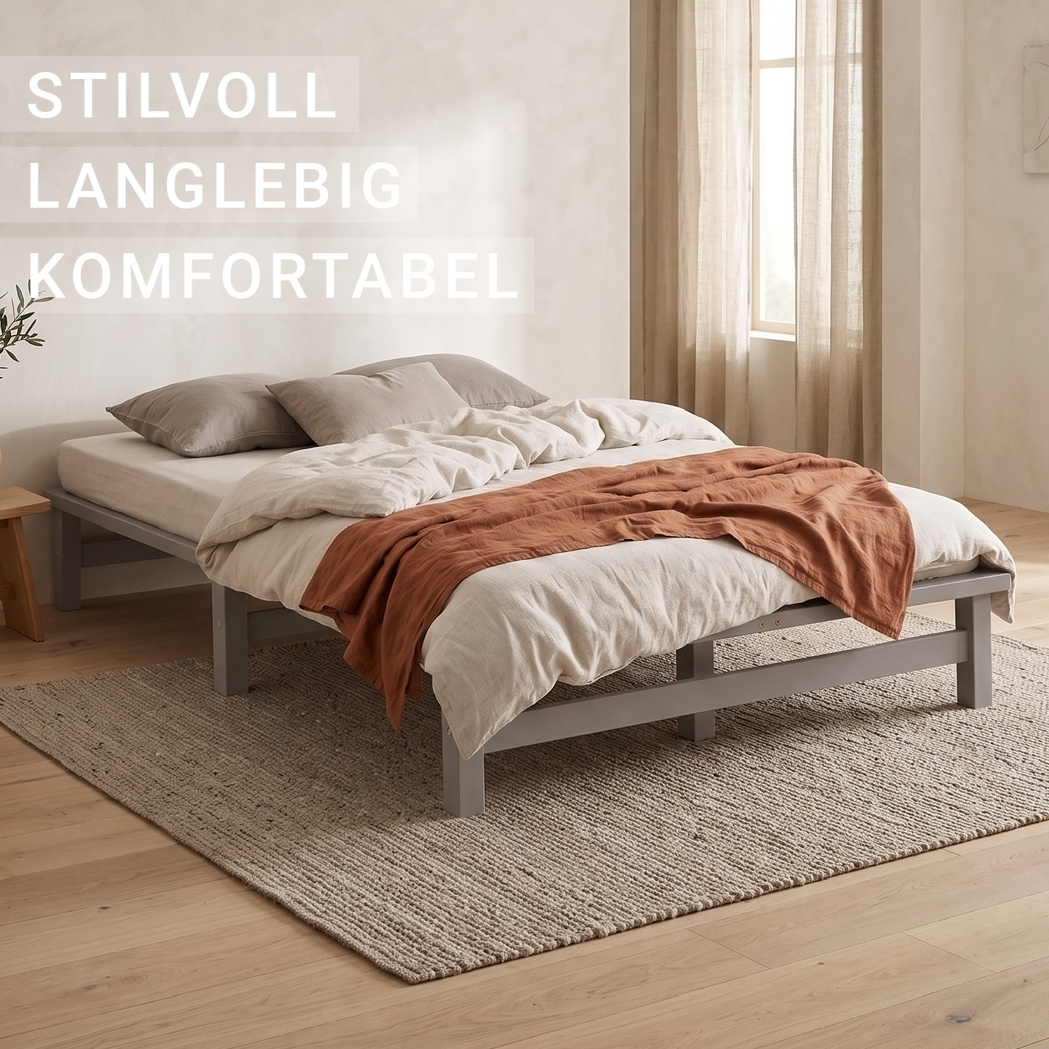 120x200 cm Grey Pallet Bed – Wooden Double Bed with Mattress & Slatted Base for Teen Rooms, Guest Rooms, and Bedrooms