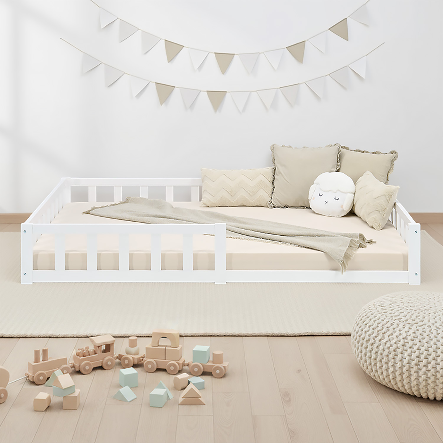 Children's Bed 120x200 White | Floor Bed with Slatted Frame | with Fall Protection | Montessori