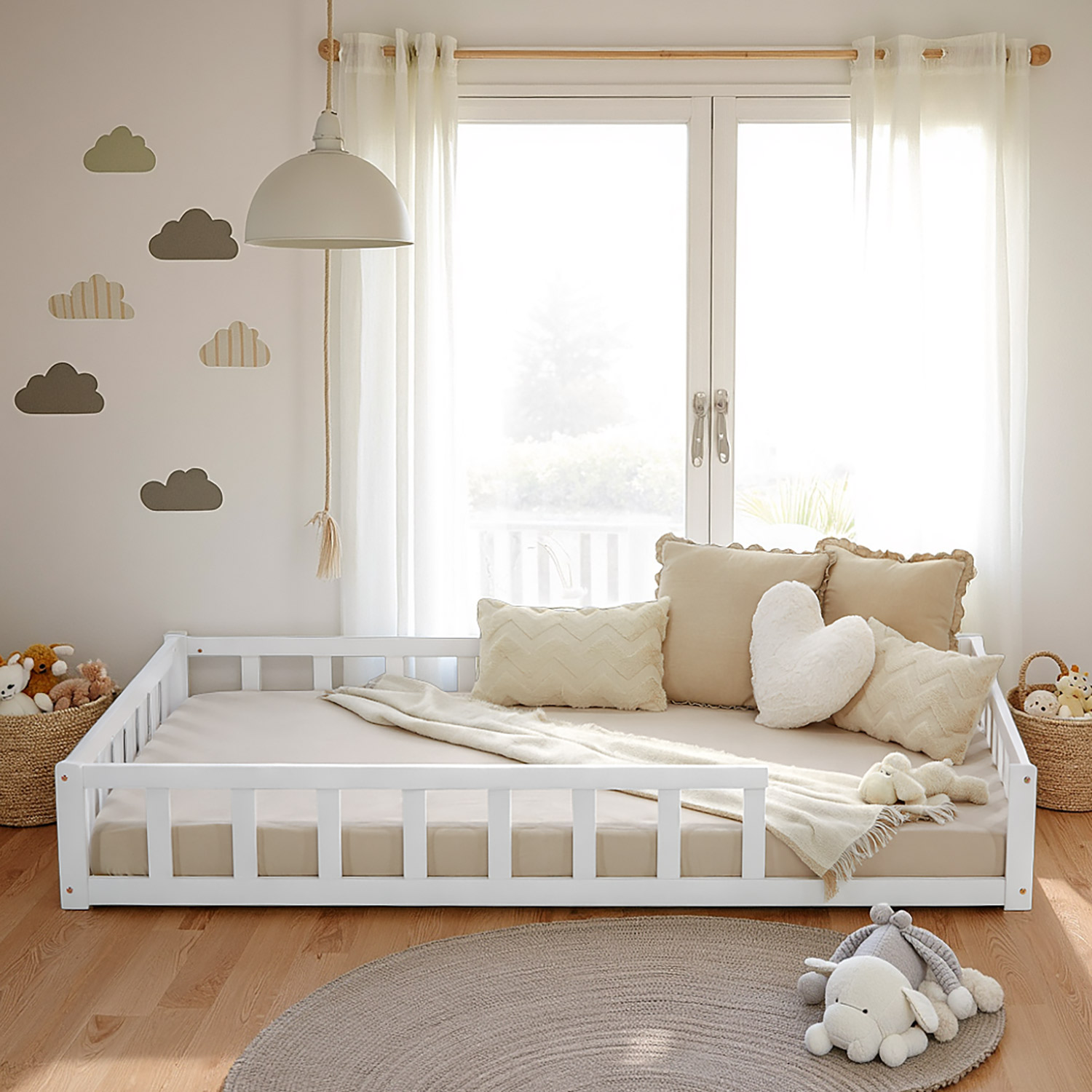 Children's Bed 120x200 White | Floor Bed with Mattress & Slatted Frame | with Fall Protection | Montessori