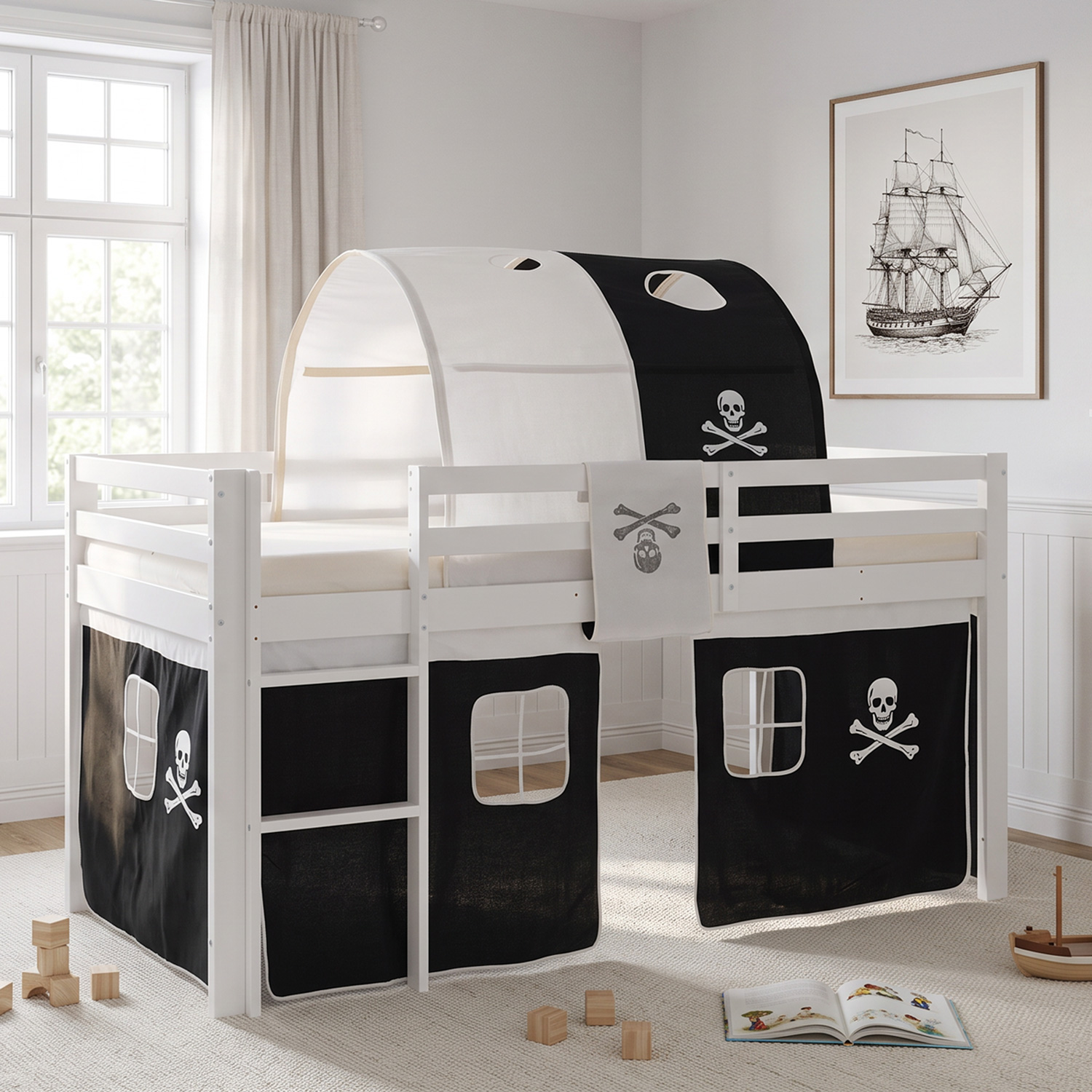 Children's loft bed, 90x200 cm, white with black curtain | Tunnel | Includes slatted base | Includes mattress