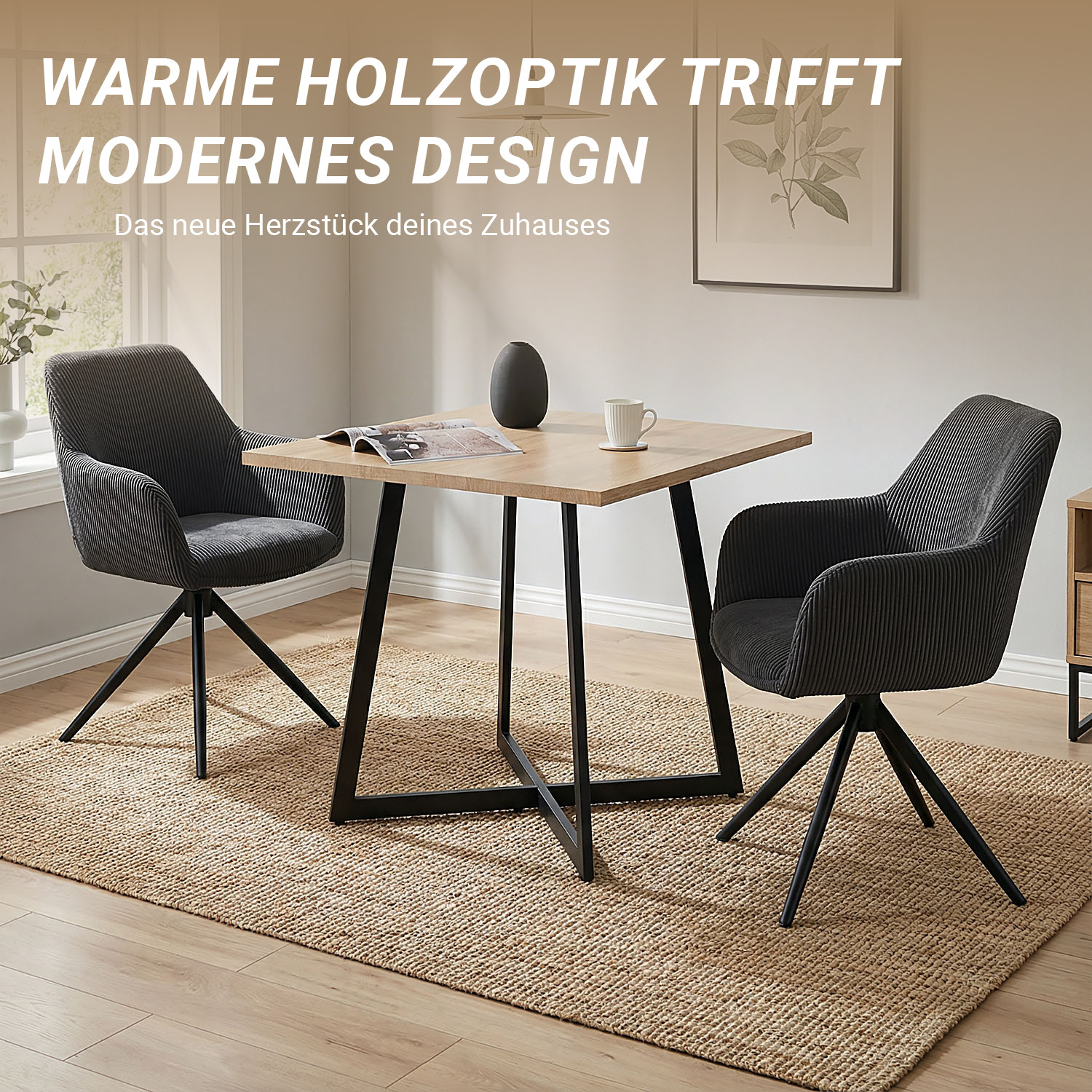 Modern Dining Table Kitchen Table Wooden Table 80x80 cm Oak Black Metal 4 Seater