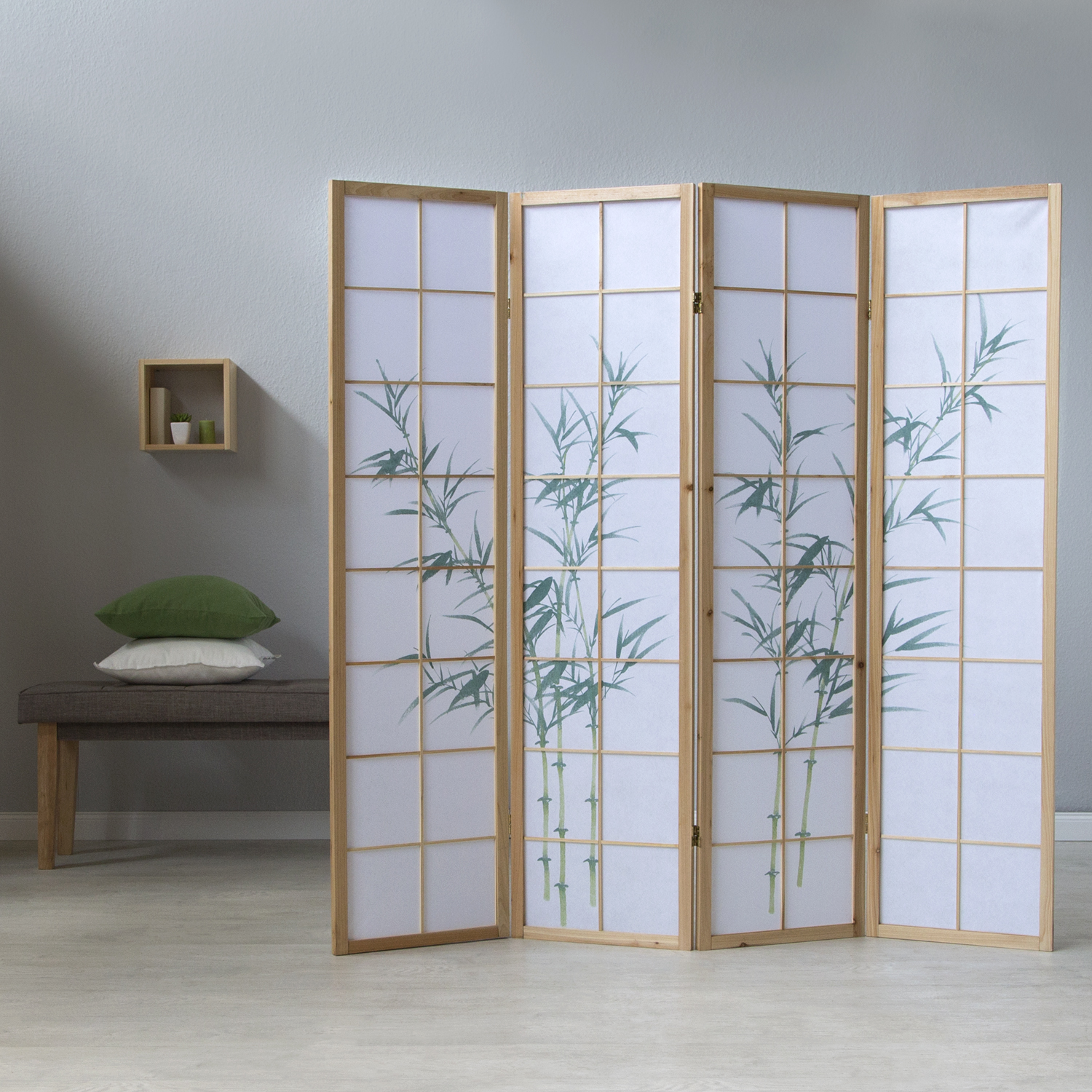 Paravent Séparation de pièce 4 pièces, bois naturel, papier de riz blanc, motif bambou, hauteur 175 cm	