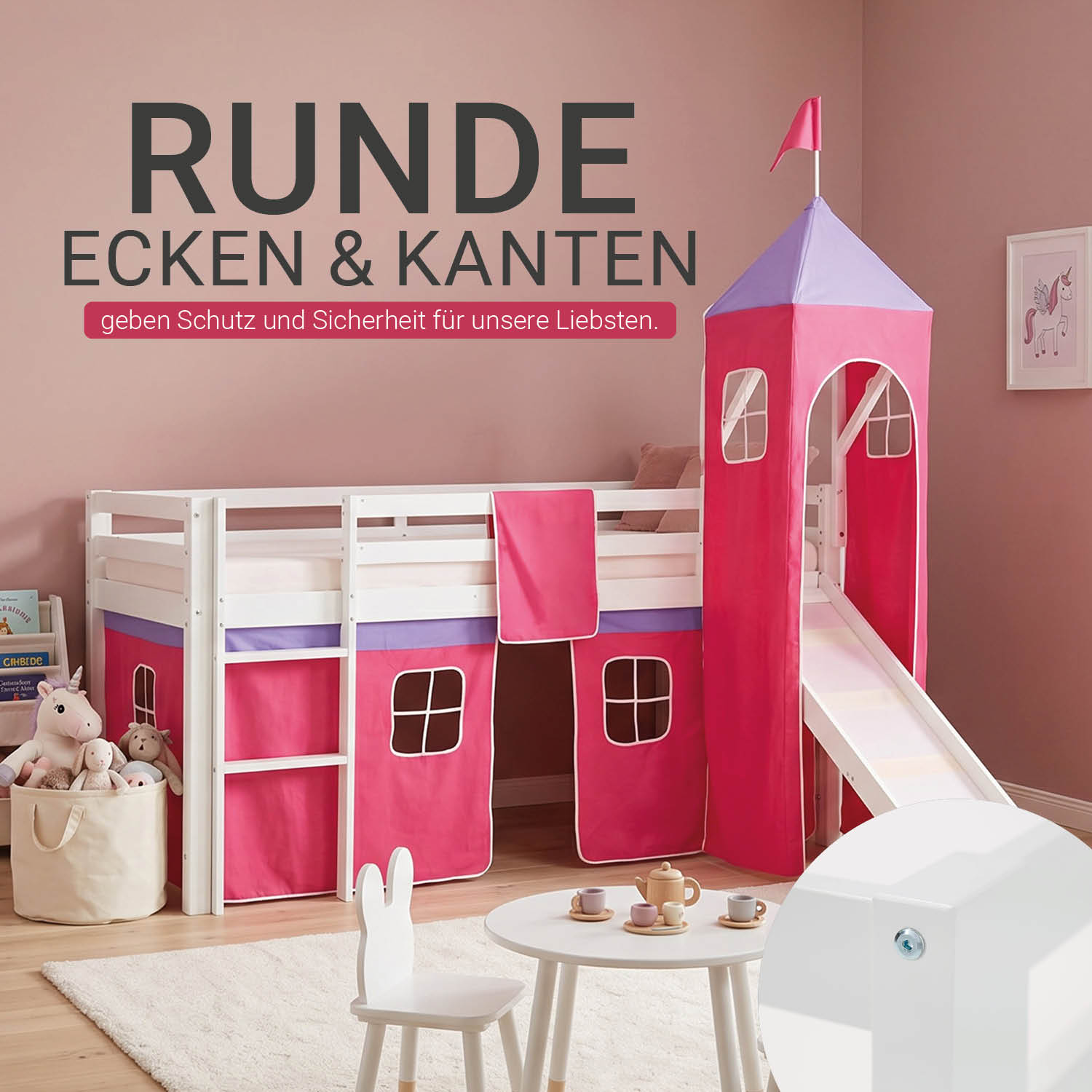 Children's Loft Bed 90x200 cm White with Pink Curtain | Tower | Slide | Without Slatted Base