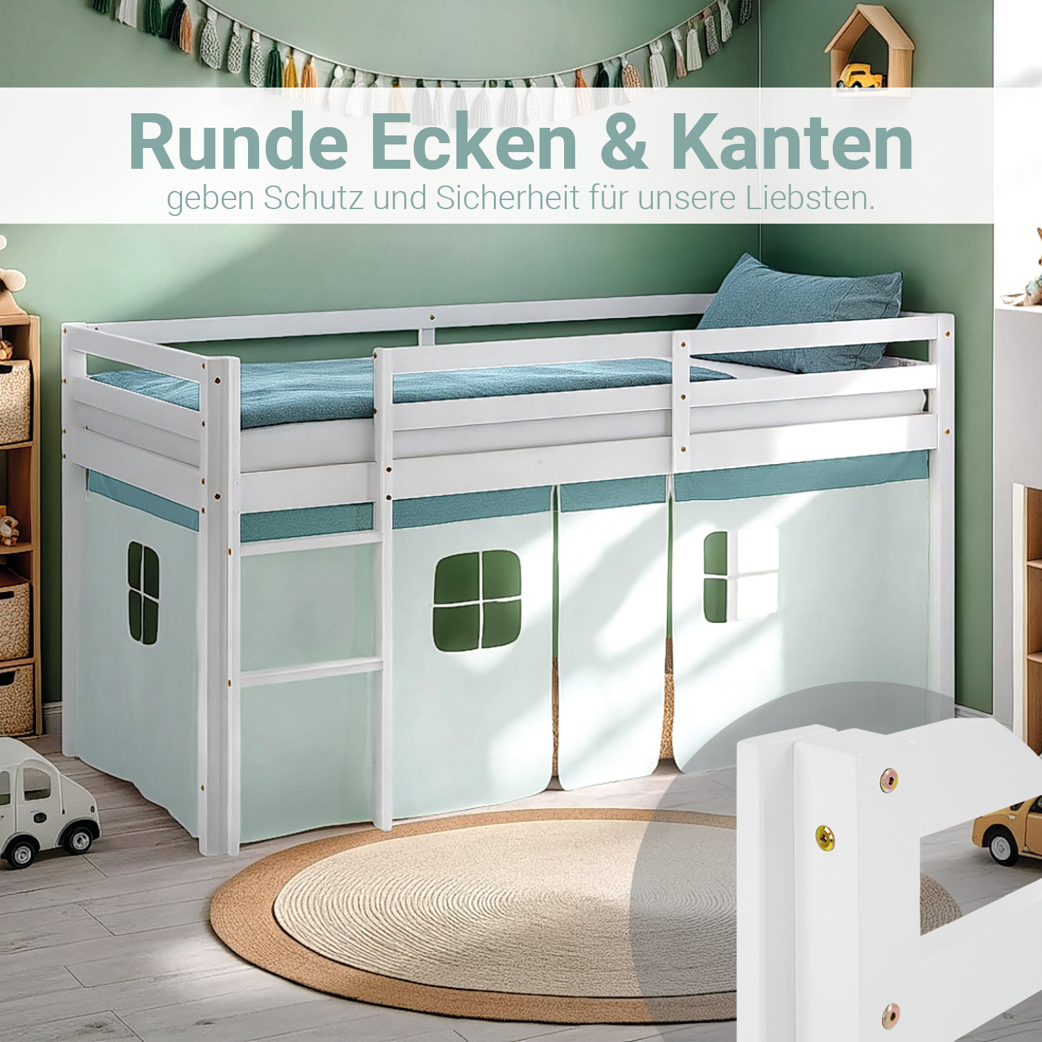 Loft Bed for Kids 90x200 cm White with Curtain in Mint Green | with Slatted Frame and Mattress