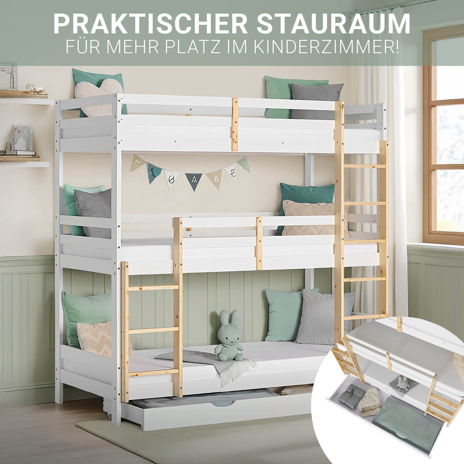 Bunk Bed 3 Levels 90x200 cm White | Ladders Natural | with Bed Drawer | with Slatted Frame