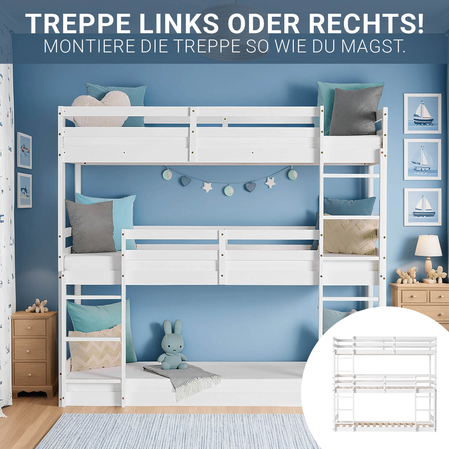 Bunk Bed 3 Levels 90x200 cm White | Ladders White | with Slatted Frame