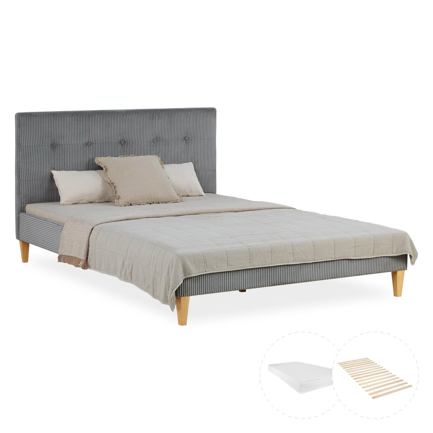 Upholstered bed 140x200 cm grey Cord | with slatted frame | with mattress | double fabric bed frame