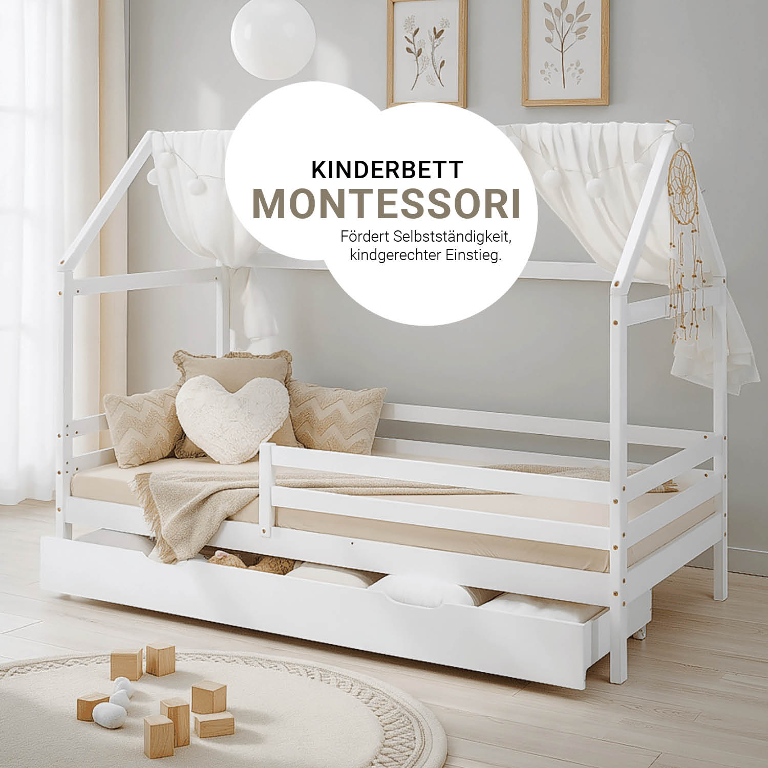 Children's Bed 90x200 cm White | House Bed with Fall Protection and Bed Drawer | Montessori | Single Bed | with Slatted Frame | Wood