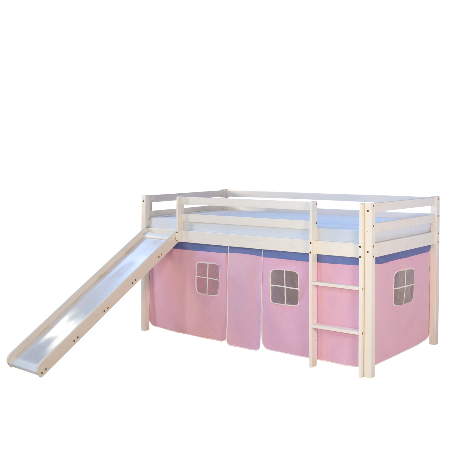 Loft Bed Kids 90x200 cm White with Curtain in Pink | Slide | with Slatted Frame
