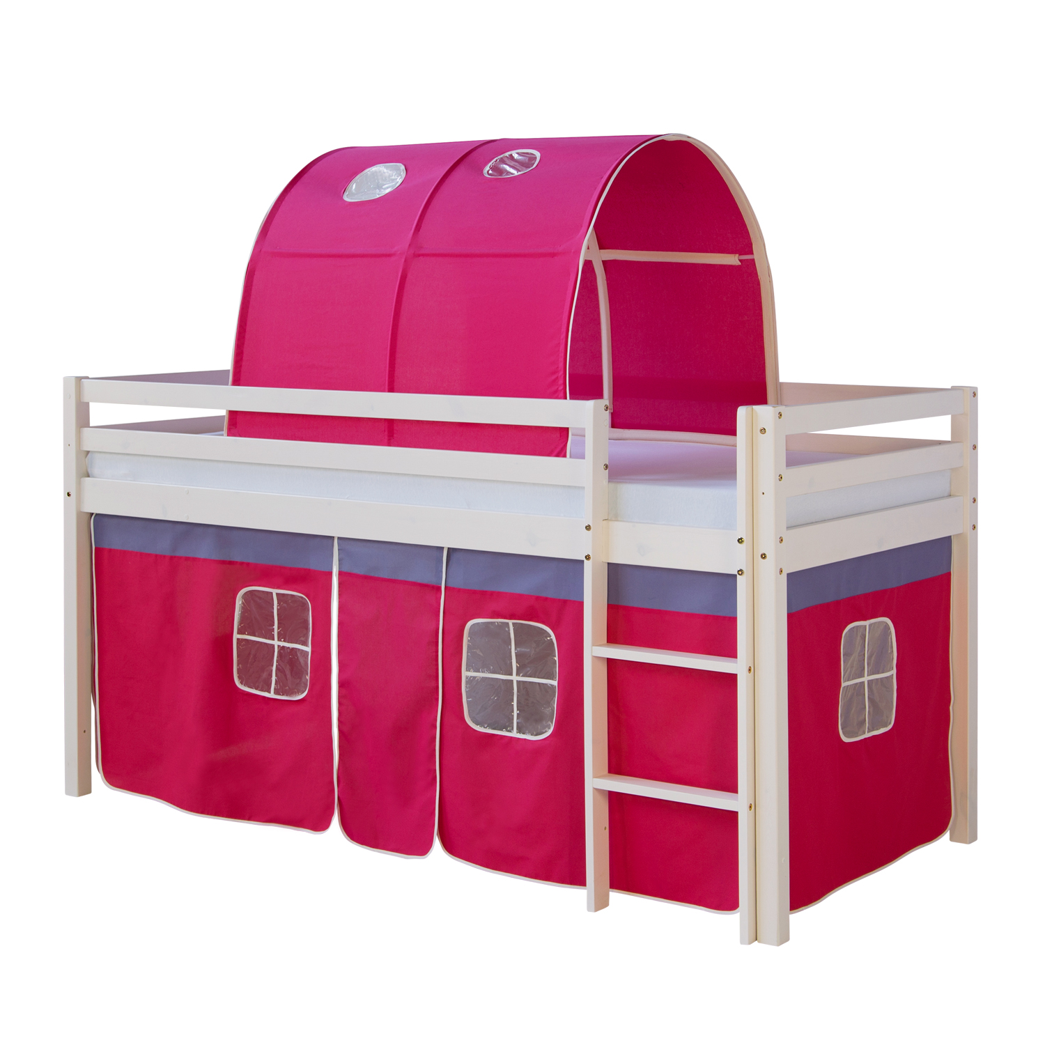 Loft Bed Kids 90x200 cm White with Curtain in Pink | Tunnel | without Slatted Frame Loftbed 90x200 cm with Mattress Bunk bed Childrens bed Solid Pine Wood Slats Tunnel Curtain Pink