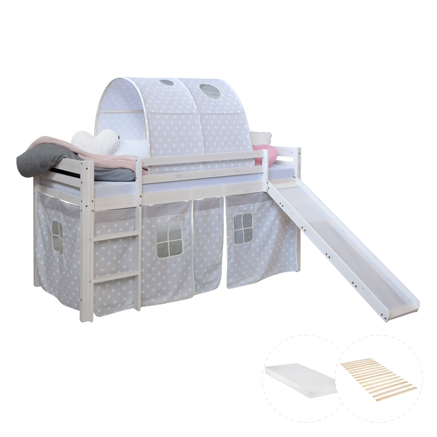 Loftbed with Slide 90x200 cm Mattress Bunk bed Childrens bed Solid Pine Wood Tunnel Curtain Grey Stars Slats