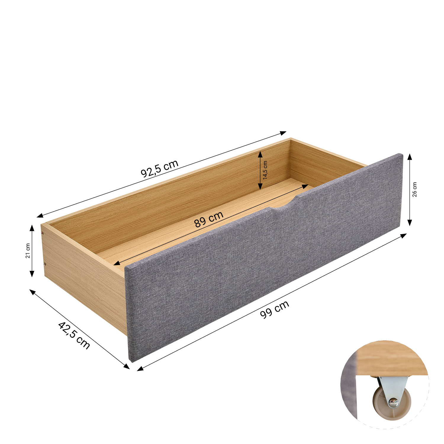 Upholstered bed 140x200 cm grey | with slatted frame | with 4 bed drawers | double fabric bed frame