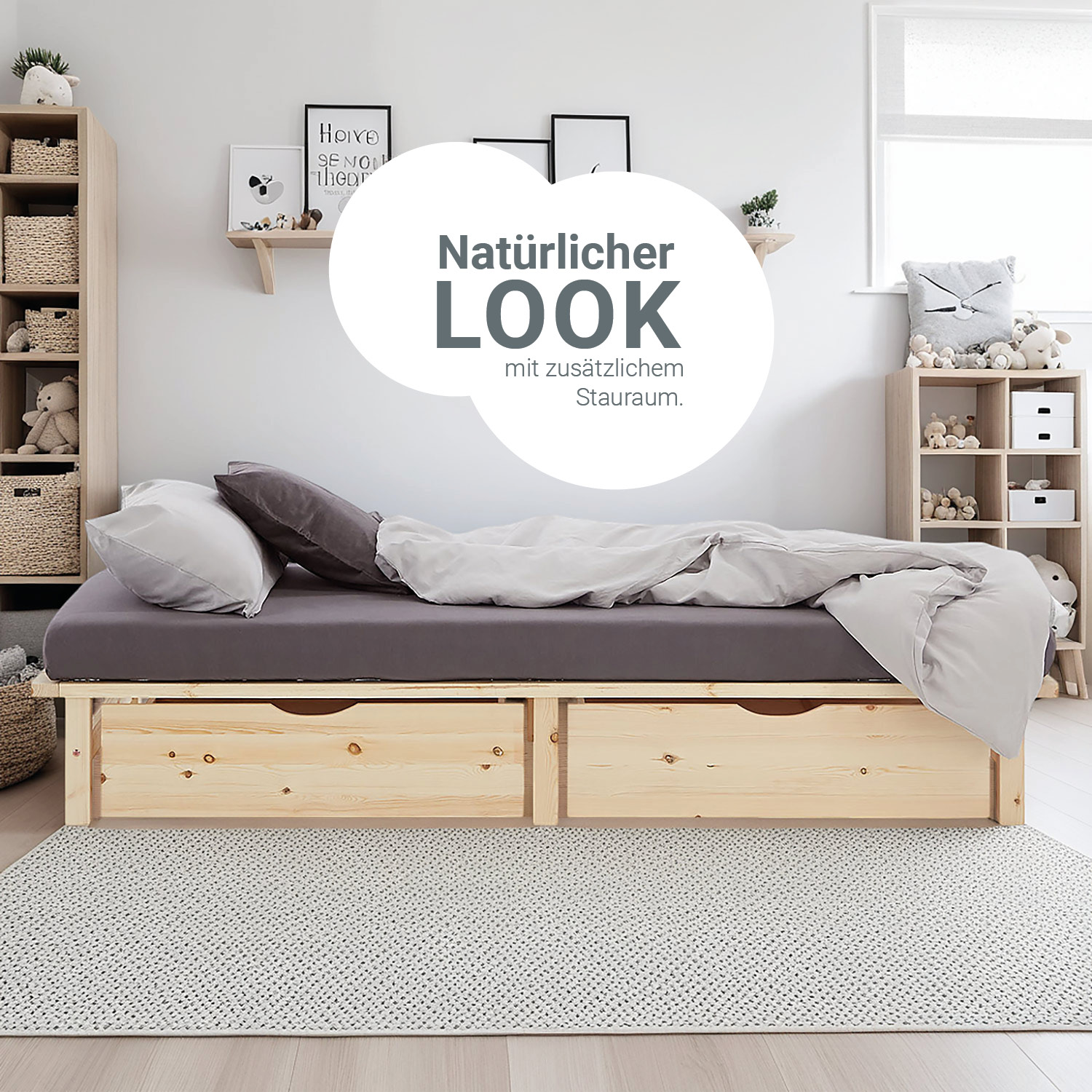 Pallet Bed 90x200 cm Natural | Single Bed with Storage Drawers | with Mattress | Wood | Kids Youth Guest Bedroom