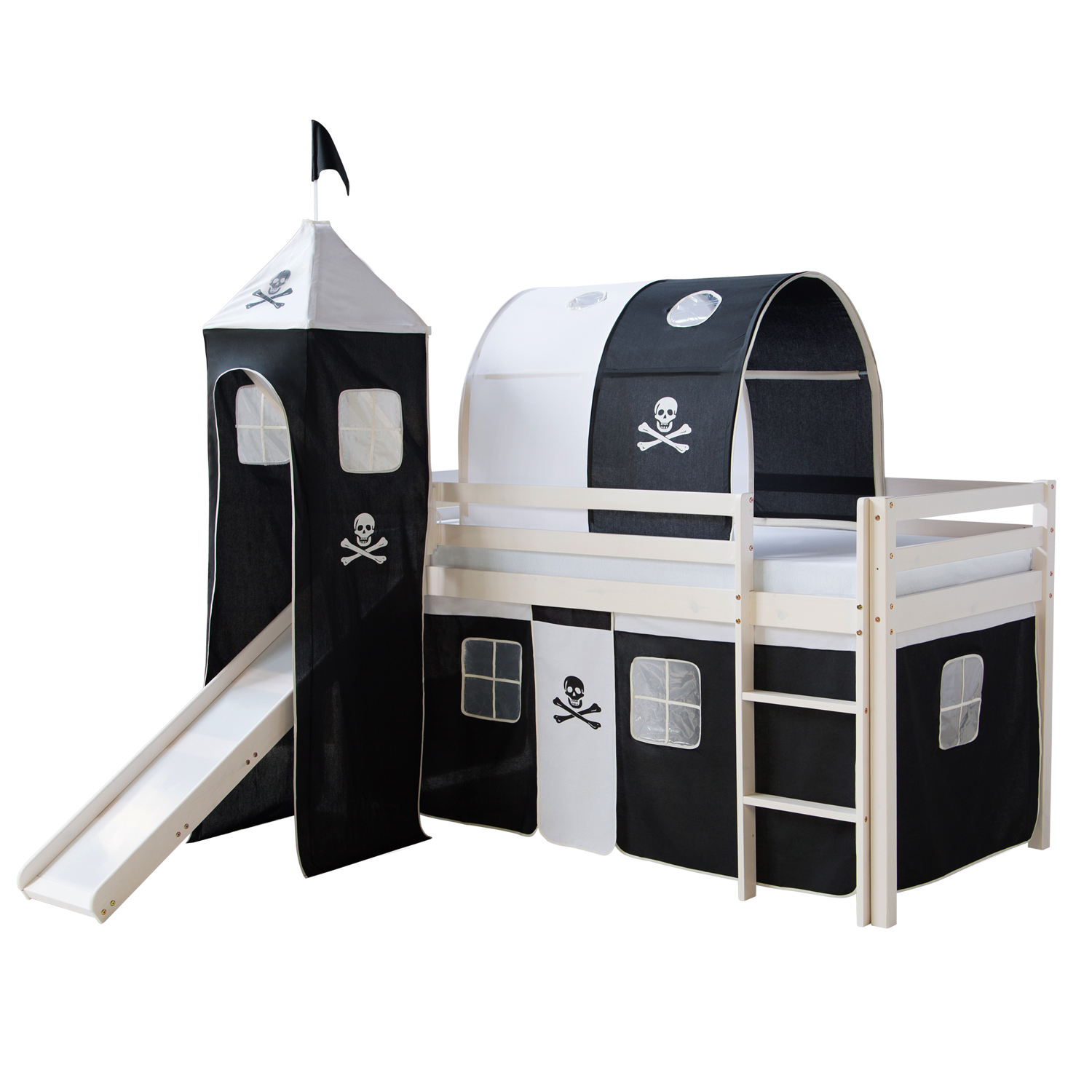 Loftbed 90x200 cm Bunk bed Childrens bed Solid Pine Wood Tower Tunnel Curtain Black Pirate Slide Mattress Slats