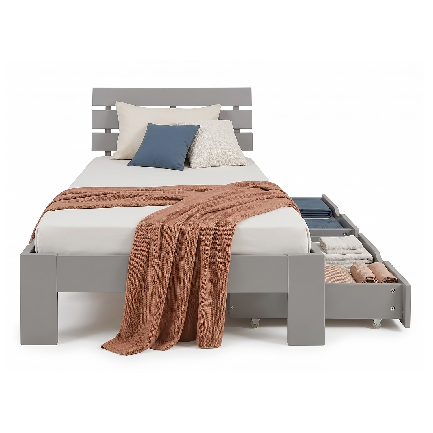 Wooden Bed 90x200 cm Gray | Single Bed with Storage | With Slatted Base | Solid Wood | Children's, Teen, or Guest Bedroom