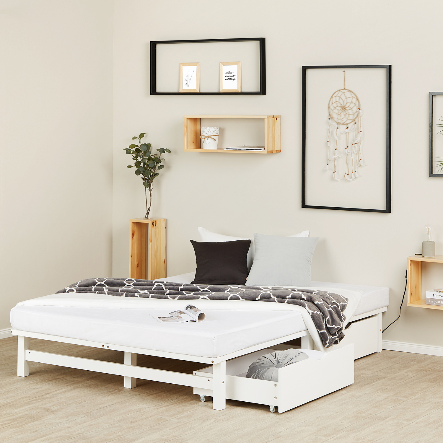 Pallet Bed 140x200 cm White | Double Bed with Storage Drawers | with Slatted Frame | Wood | Kids Youth Guest Bedroom