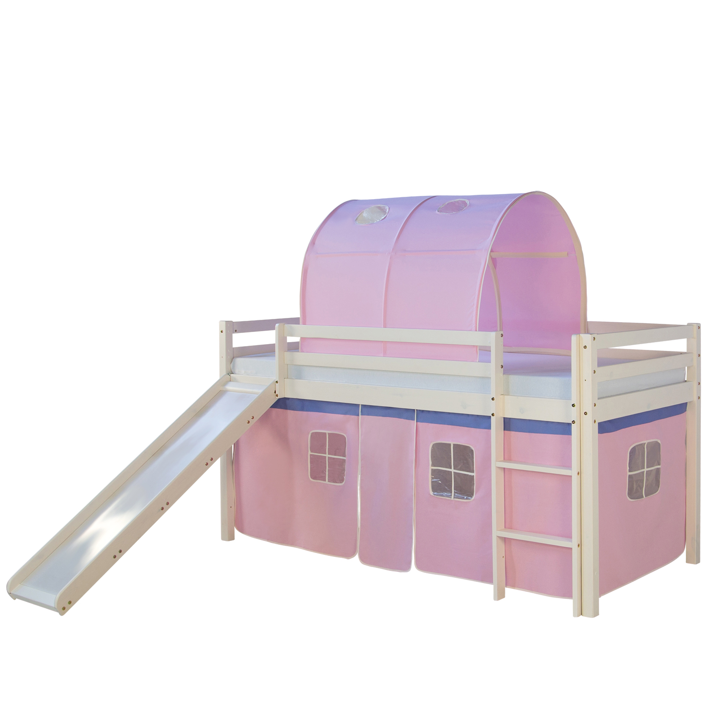 Hochbett mit Lattenrost 90x200 Rutsche Stockbett Kinderbett Holz Kiefer Vorhang Tunnel rosa Spielbett