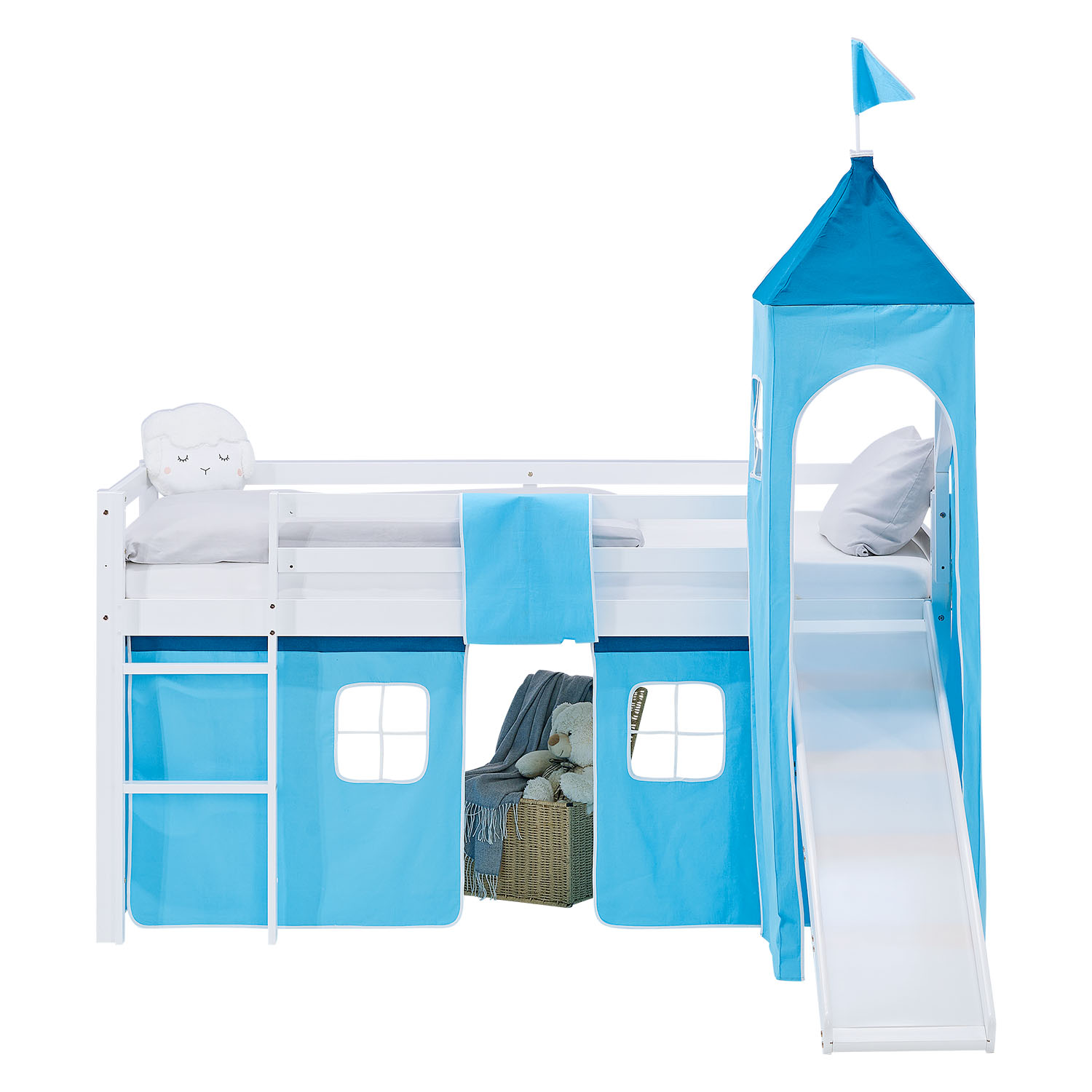 Kinderhochbett in Blau mit Elementen aus Kiefernholz, Lattenrost, Matratze, Rutsche, Spielturm und Spielvorhang. Das weiße Hochbett ist mit Matratze und Kissen vor weißem Hintergrund abgebildet. Sichtbar sind eine Leiter, seitliche Schutzgitter, ein Spiel