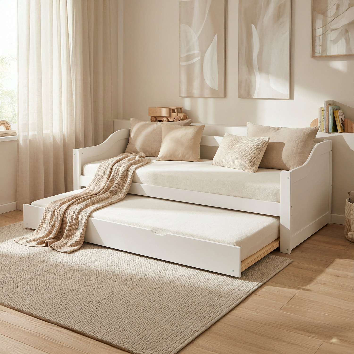 Wooden Bed 90x200 cm White | Pull-out | Bunk Bed | With Mattress | Pull-out Bed, Duo Bed, Functional Bed