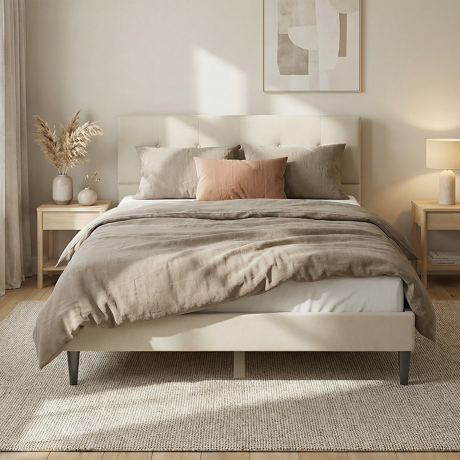 Upholstered bed 140x200 cm beige | with slatted frame | double fabric bed frame