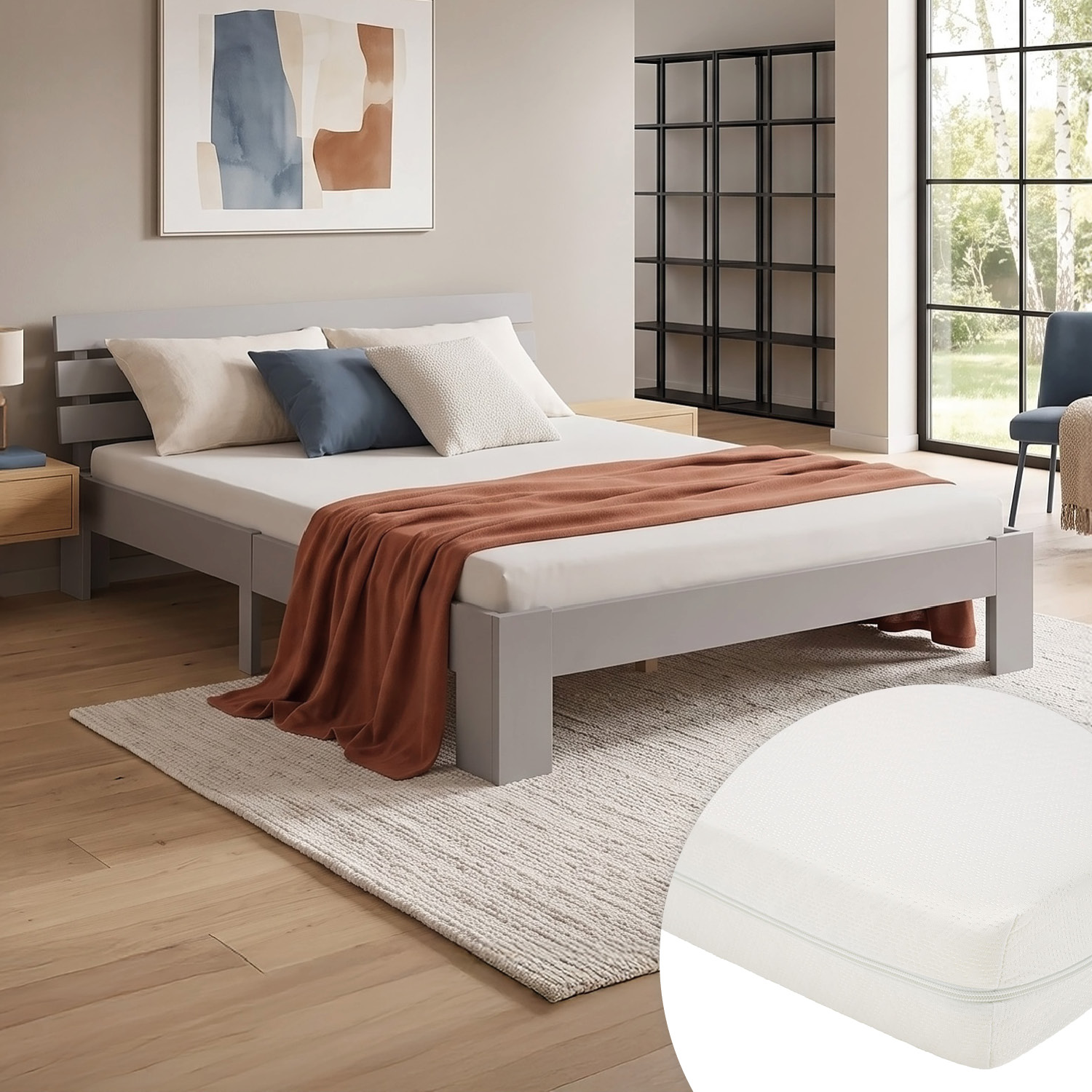 Solid Pine Wood Bed, 120x200 cm – Futon Bed with Mattress & Slatted Base
