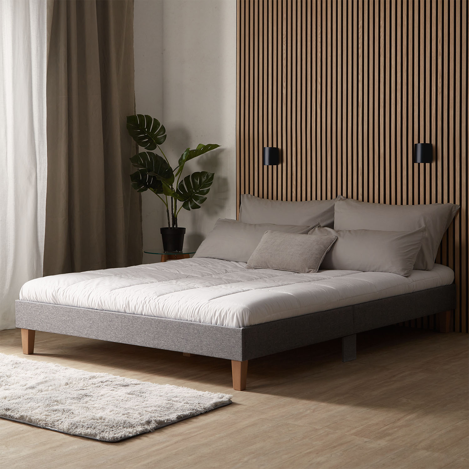 Upholstered Bed 160x200 cm Gray – Modern Futon Bed with Slatted Base | Minimalist Double Fabric Bed