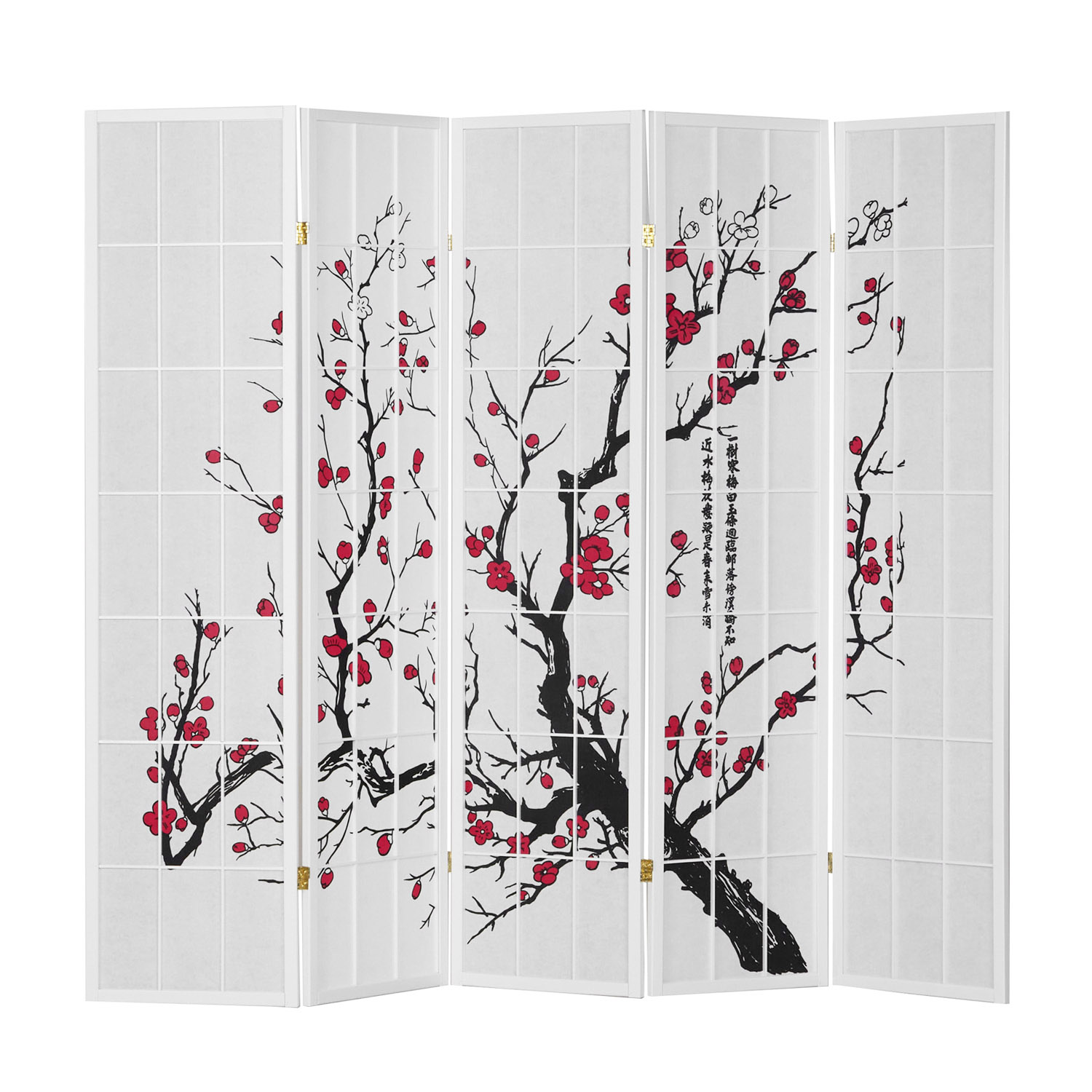 5-panel Shoji room divider with cherry blossom design ? Japanese-style screen with white wooden frame, translucent paper, and traditional calligraphy, perfect for Asian-inspired interiors and stylish space division.