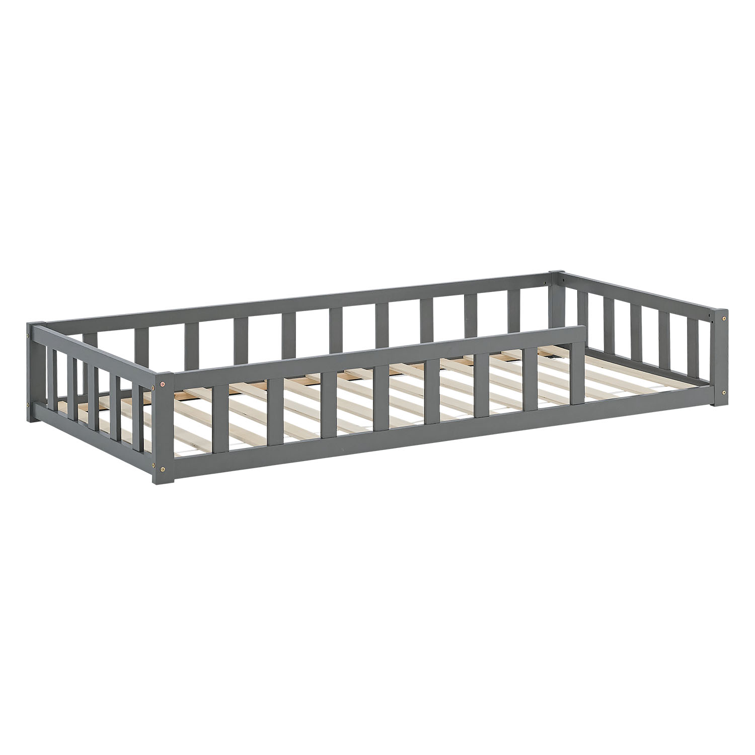 Children's Bed 90x200 Grey | Floor Bed with Mattress & Slatted Frame | with Fall Protection | Montessori