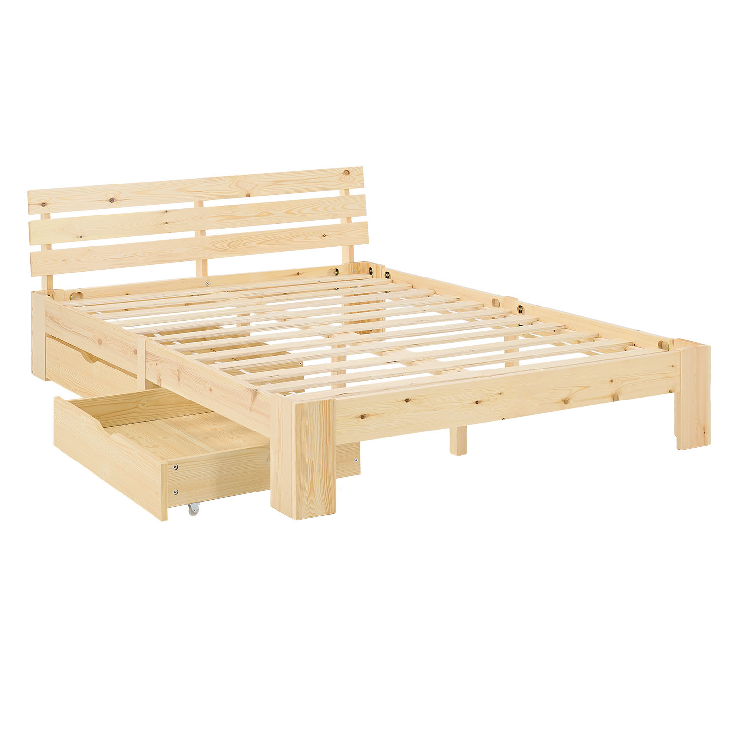 Wood Bed 90x200 cm Natural | Small Double Bed | with Mattress | 2 Drawers | Kids Youth Guest Bedroom