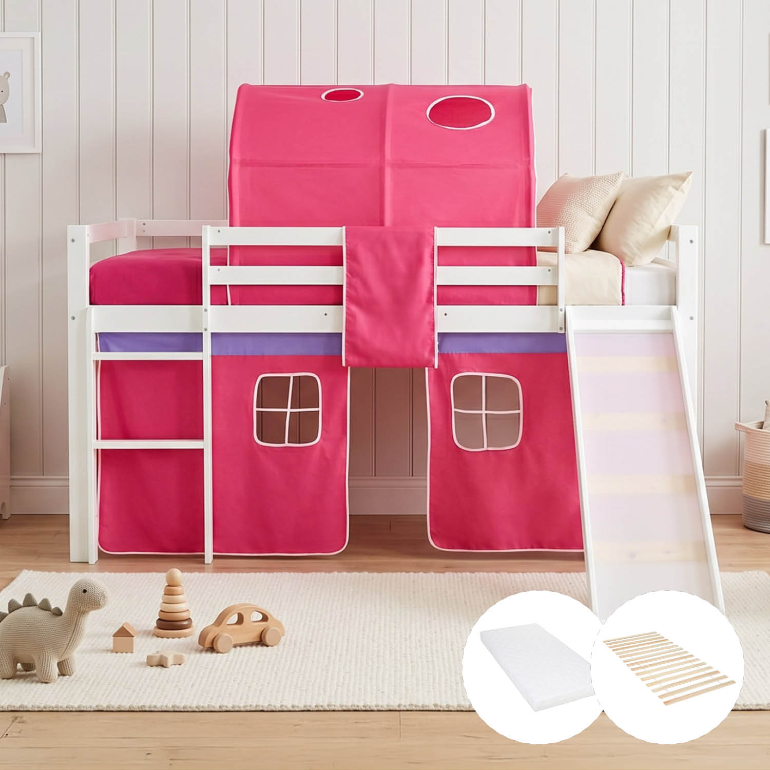 Children's Loft Bed 90x200 cm White with Pink Curtain | Tunnel | Slide | Includes Slatted Base | Includes Mattress