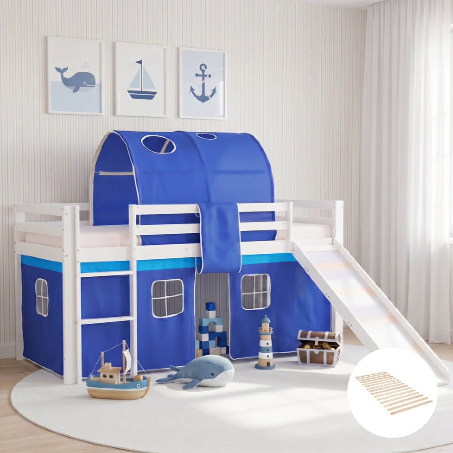 Children's Loft Bed 90x200 cm White with Blue Curtain | Tunnel | Slide | Includes Slatted Base