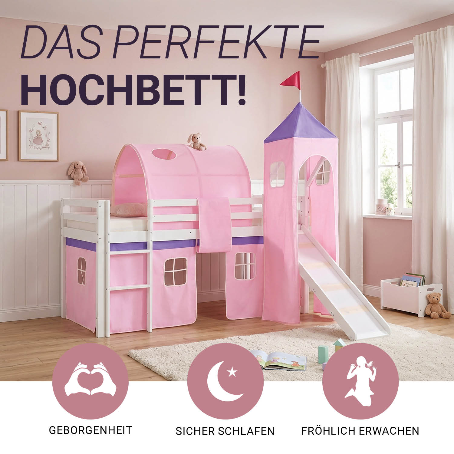 Children's Loft Bed 90x200 cm White with Pink Curtain | Slide | Tower | | Tunnel | with Slatted Base | with Mattress