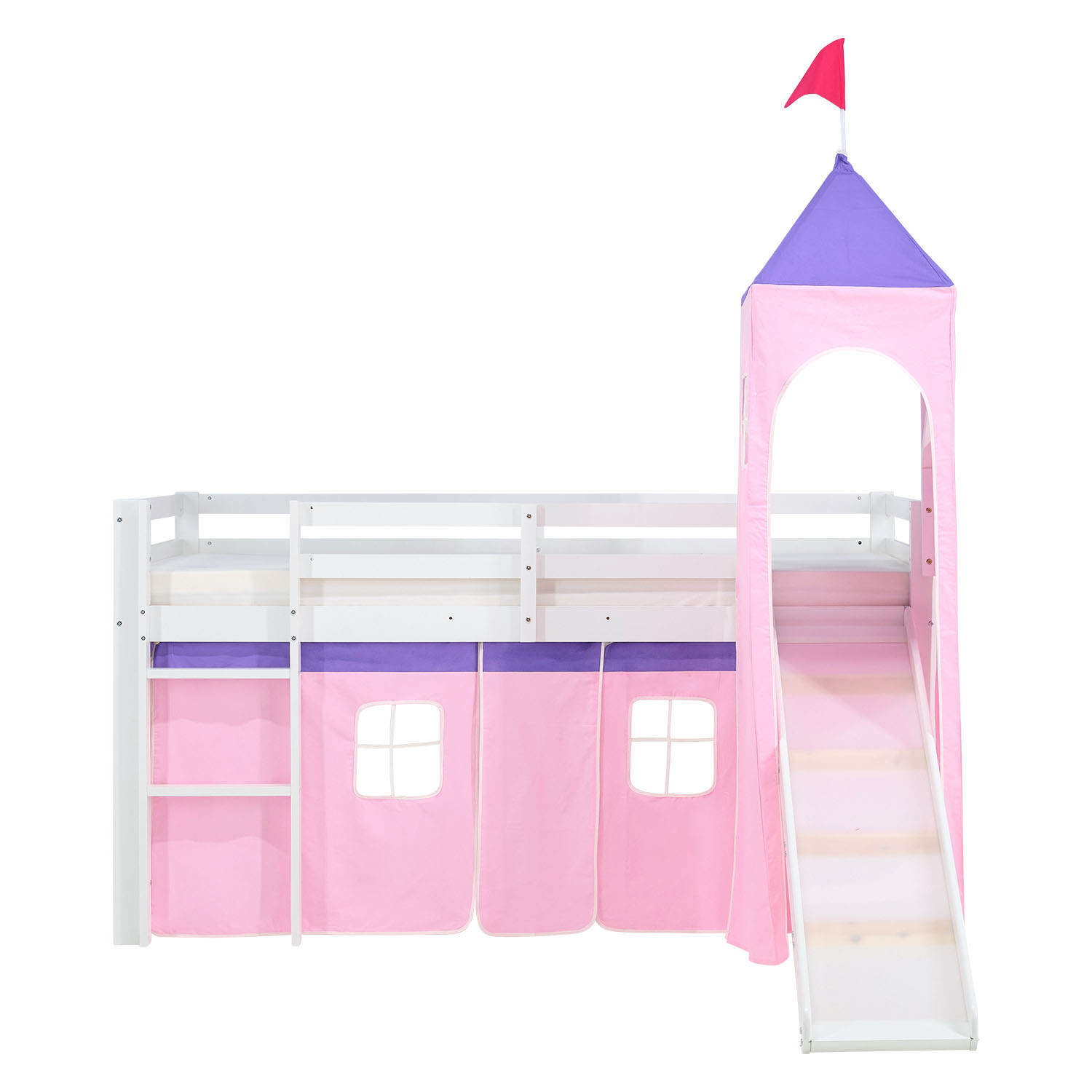 Children's Loft Bed 90x200 cm White with Pink Curtain | Slide | Tower | With Slatted Base | With Mattress