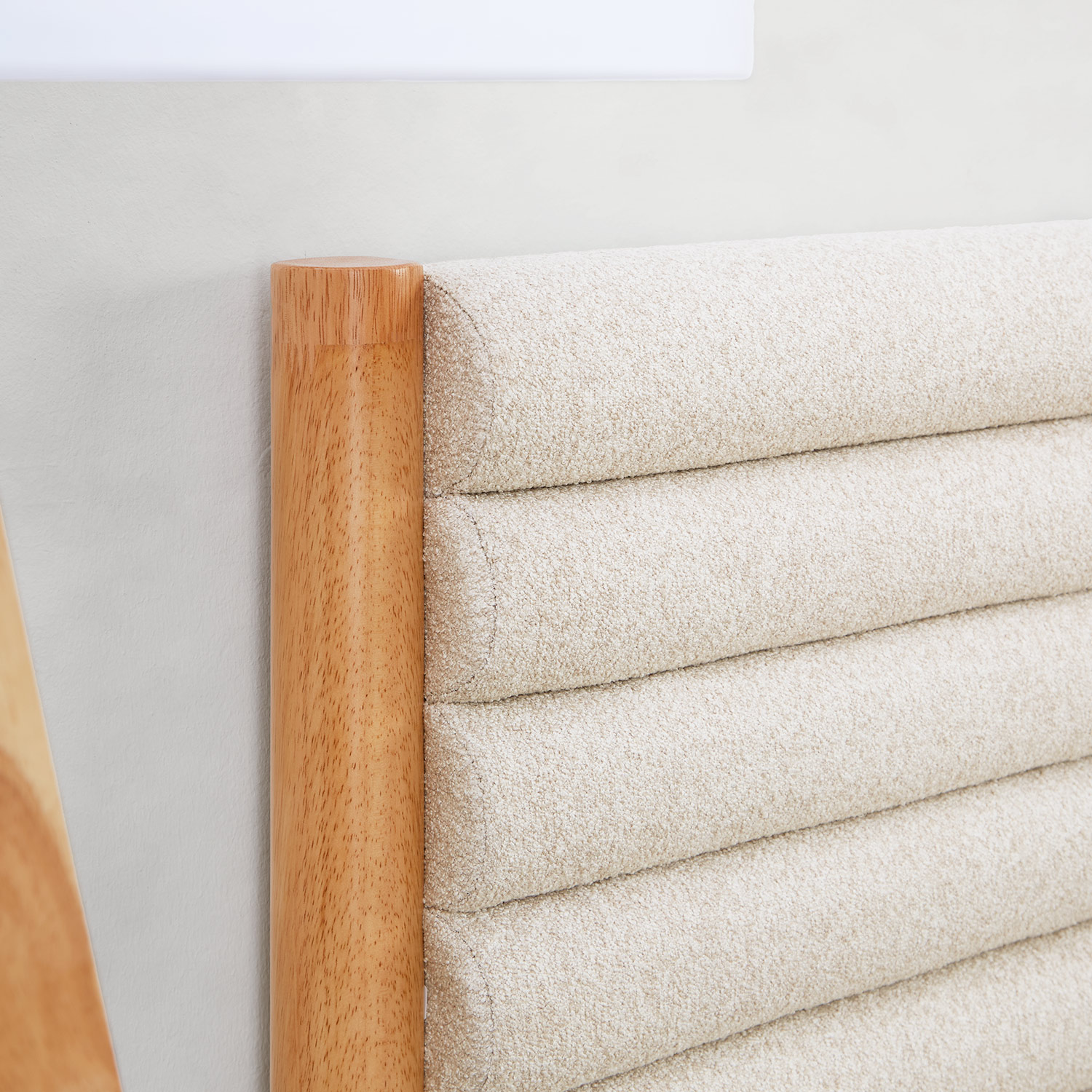 Wooden Bed 140x200 cm, Oak with Upholstered Headboard in Beige Bouclé, Includes Slatted Base & Mattress