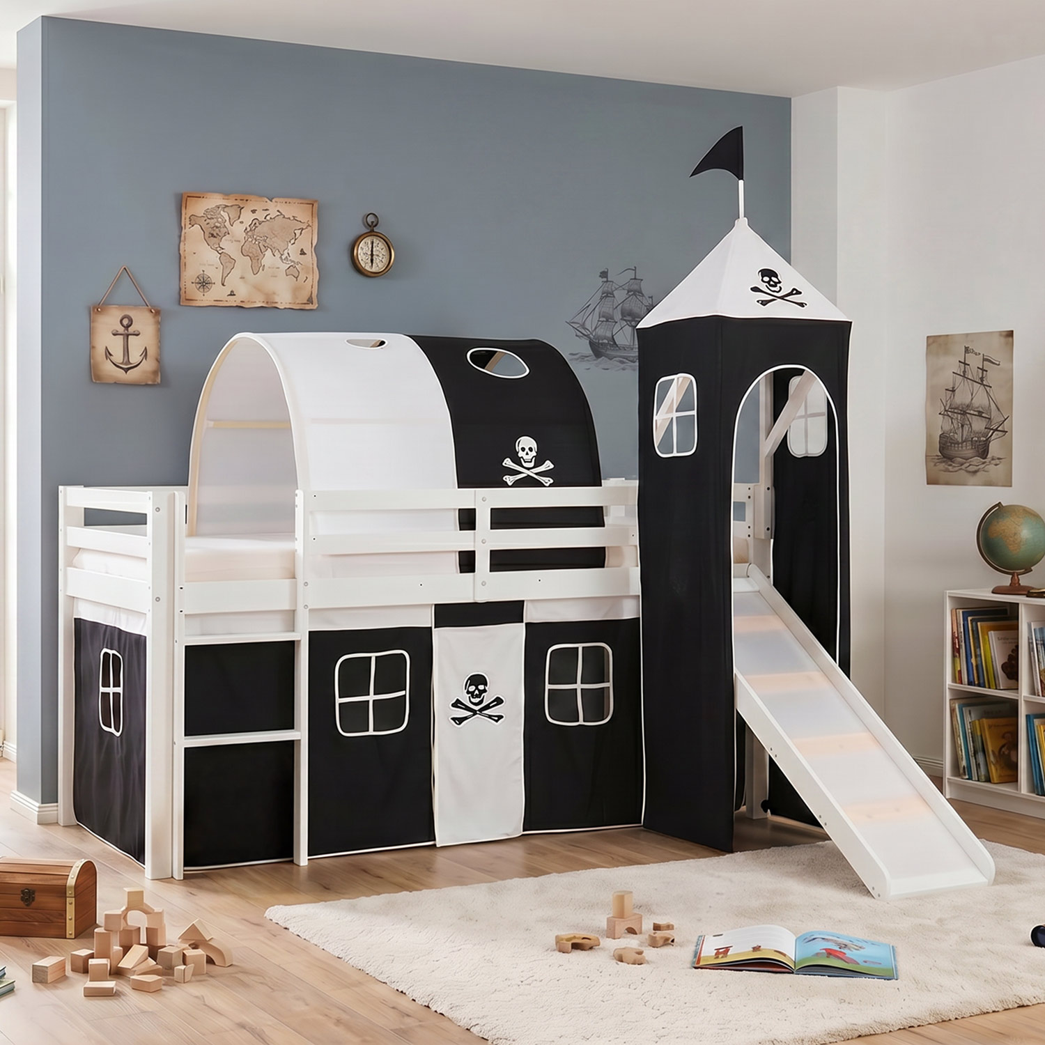 Children's Loft Bed 90x200 cm White with Black Curtain | Slide | Tower | With Slatted Base | With Mattress | Pirate | Boy