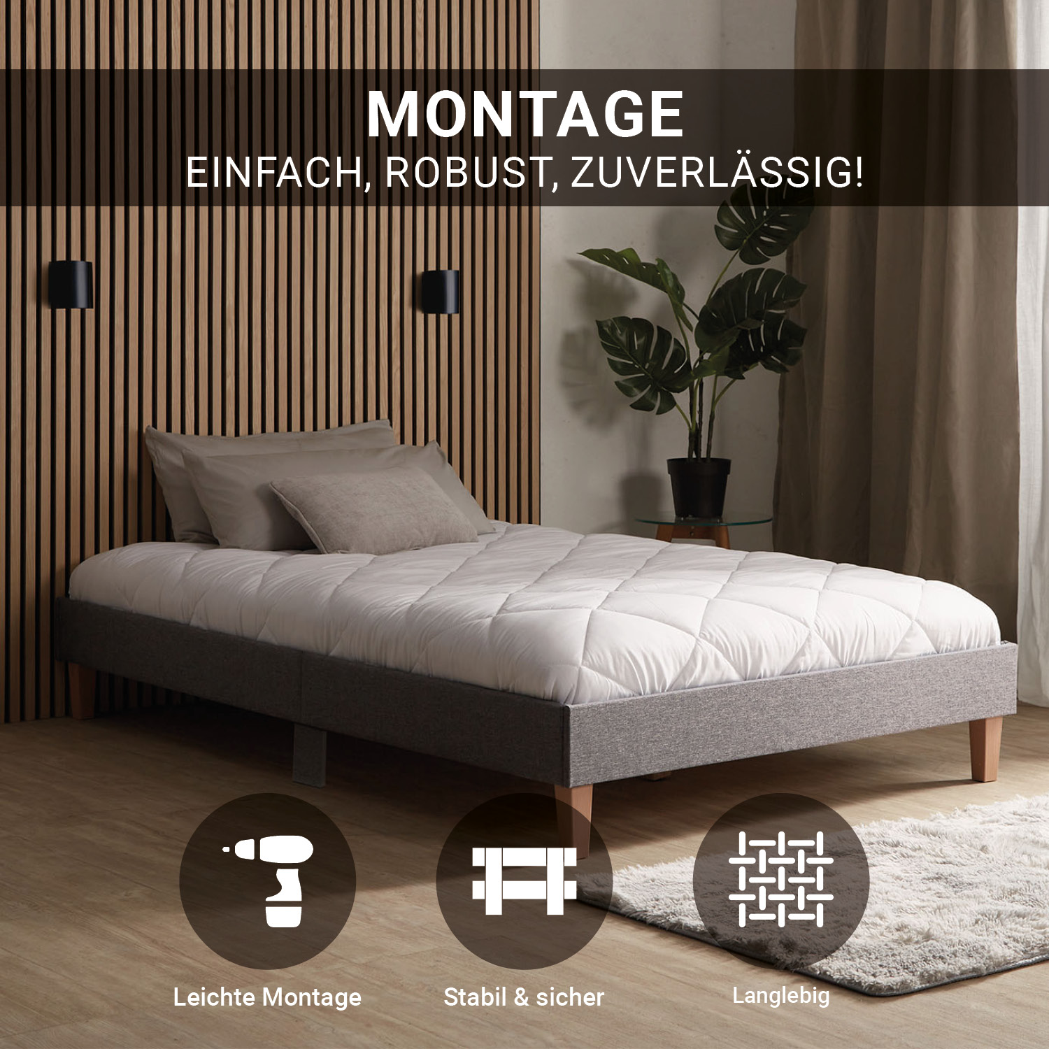 Upholstered Bed 120x200 cm Gray – Futon Bed with Slatted Base & Mattress | Modern Fabric Bed