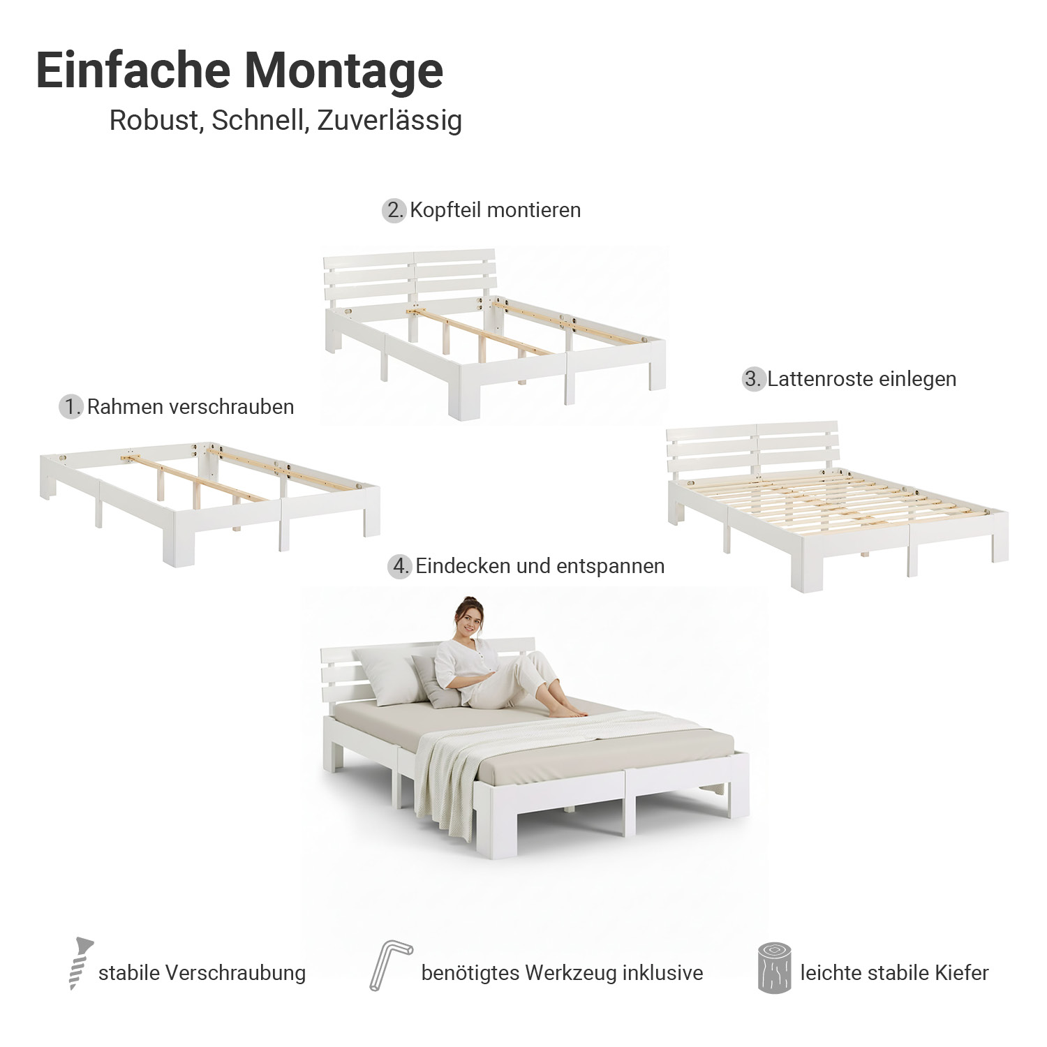 Wood Bed 160x200 cm White | Double Bed | with 2 Mattress | Solid | Kids Youth Guest Bedroom