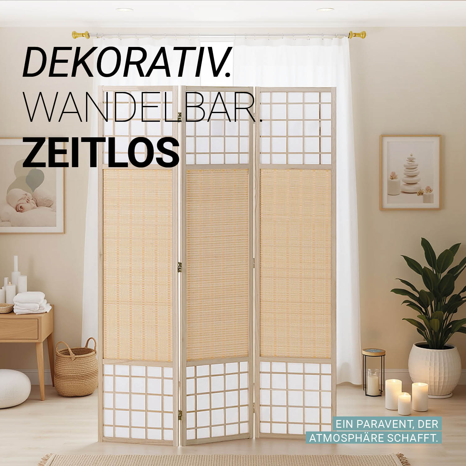 Paravent Natural Bamboo Slats | 3-panel | Wood | Shoji Room Divider | Partition Privacy Screen