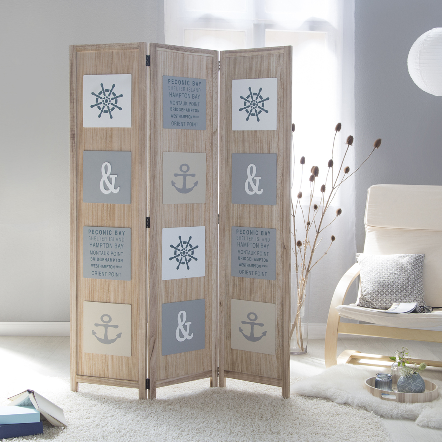 Paravent Natural Maritime Motifs | 3-panel | Wood | Room Divider Partition Privacy Screen