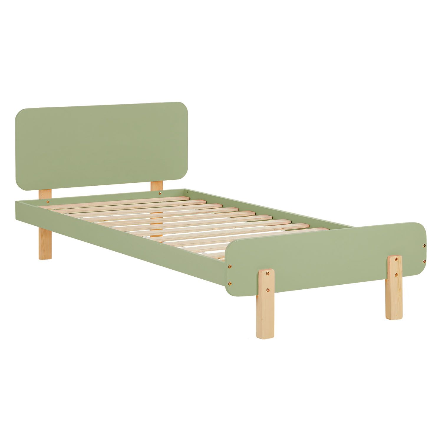 Wooden Bed 90x200 cm Natural Green – Retro Single Bed with Slatted Base for Children's, Teenagers' & Guest Rooms