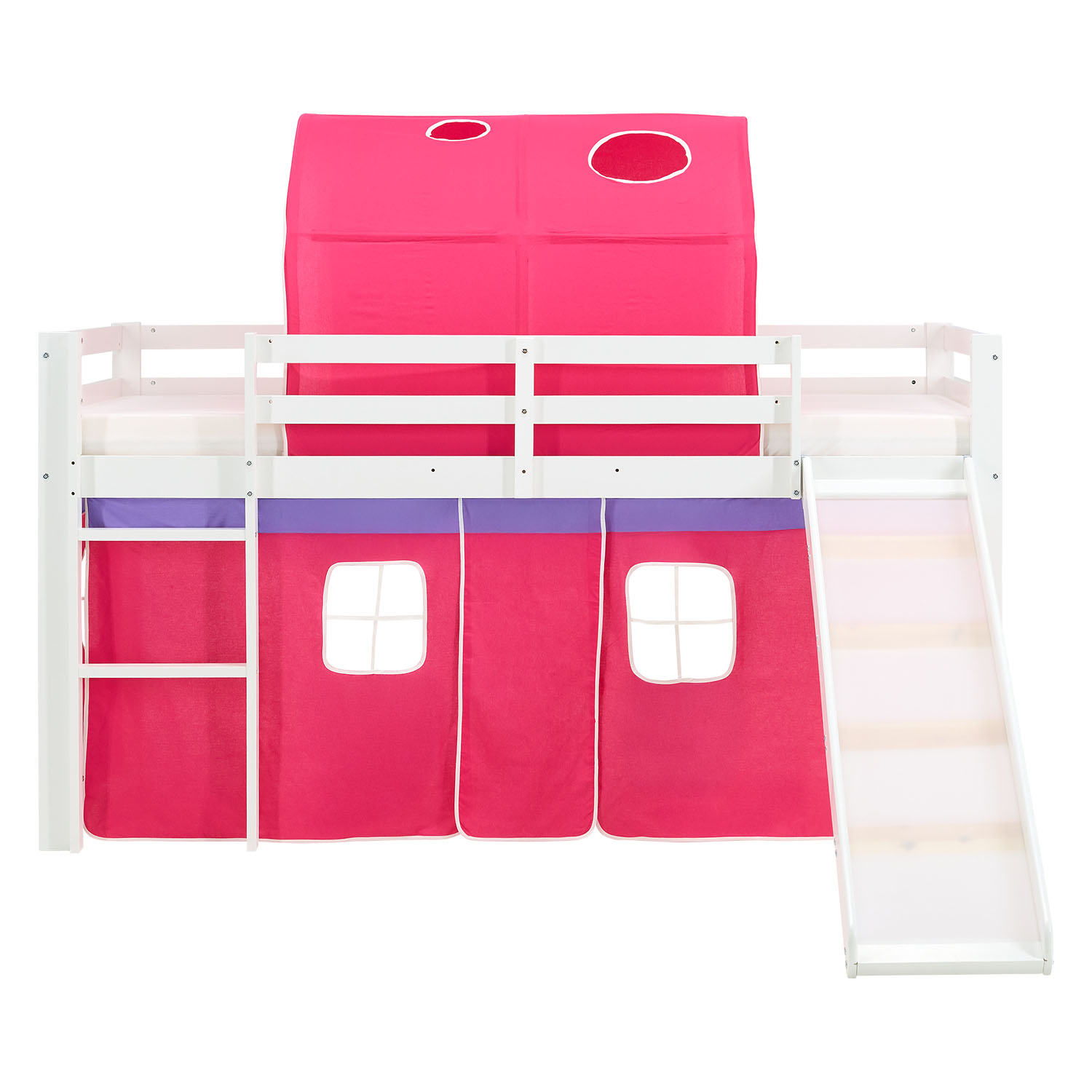 Children's Loft Bed 90x200 cm, White with Pink Curtain | Tunnel | Slide | Includes Slatted Base