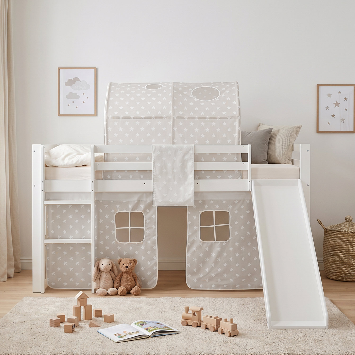 Children's Loft Bed 90x200 cm White with Star Curtain | Tunnel | Slide | Includes Slatted Base | Includes Mattress